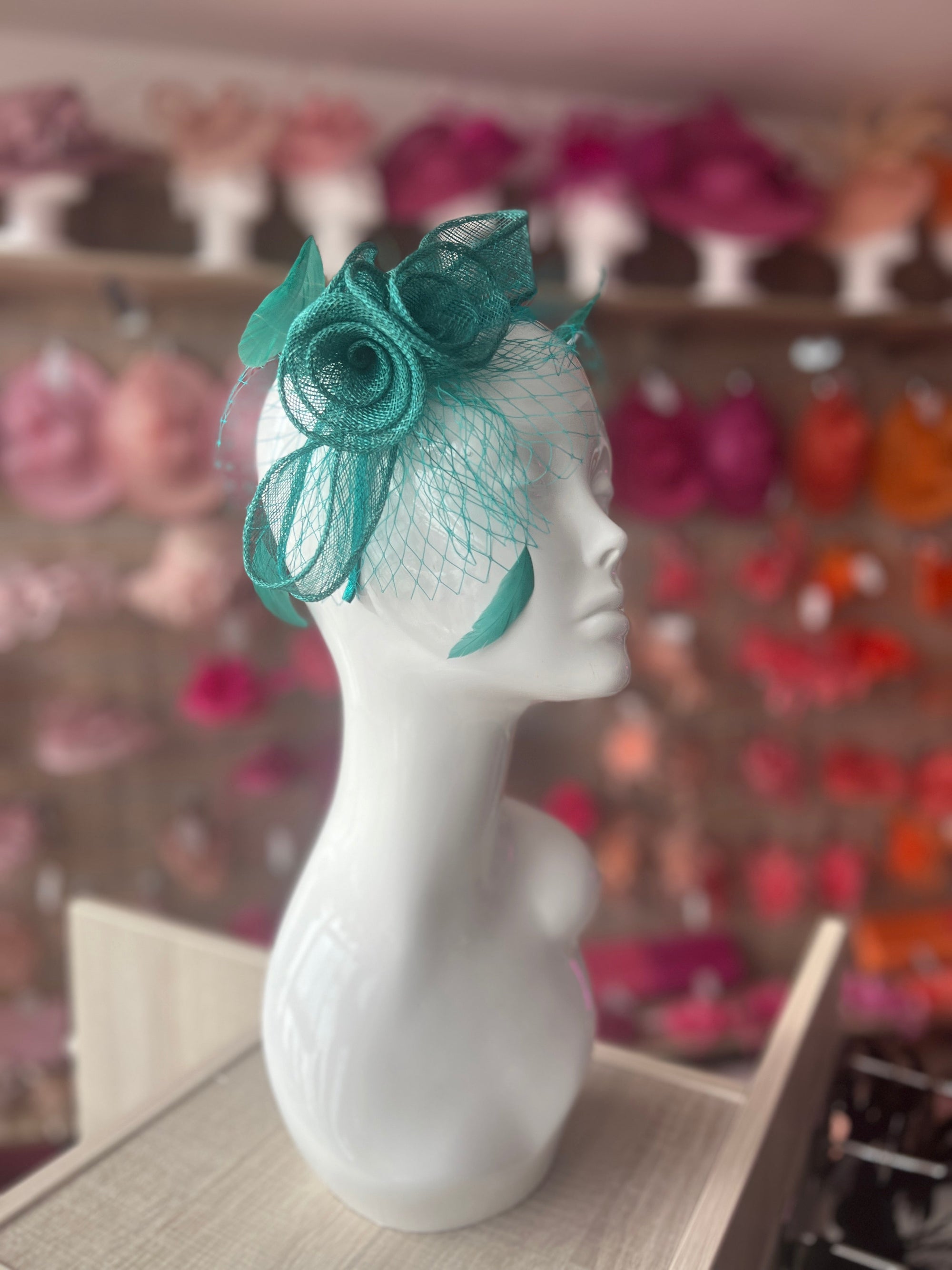 Sinamay Green Flower Headband Fascinator With Netting & Feathers-Fascinators Direct