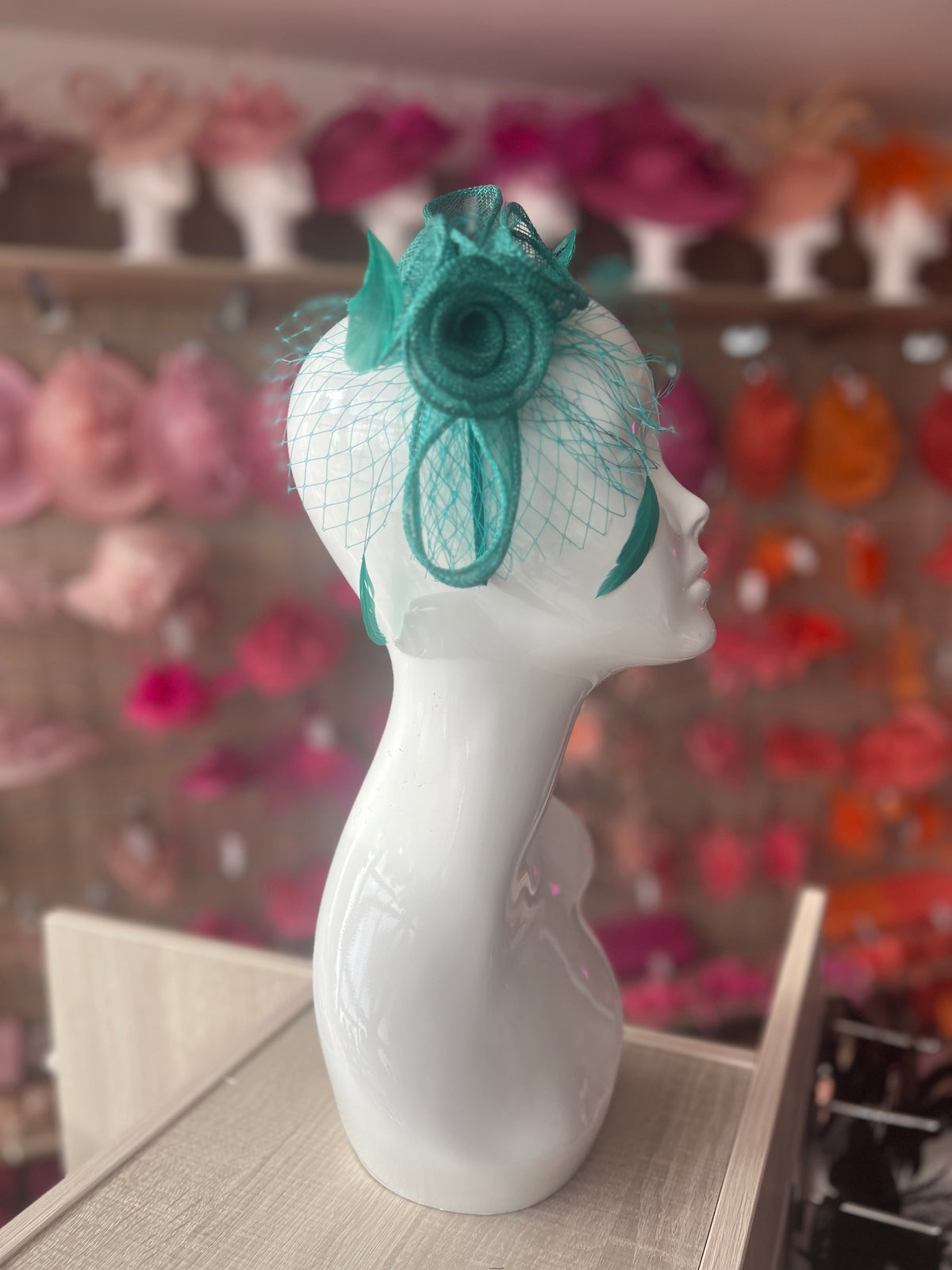 Sinamay Green Flower Headband Fascinator With Netting &amp; Feathers-Fascinators Direct