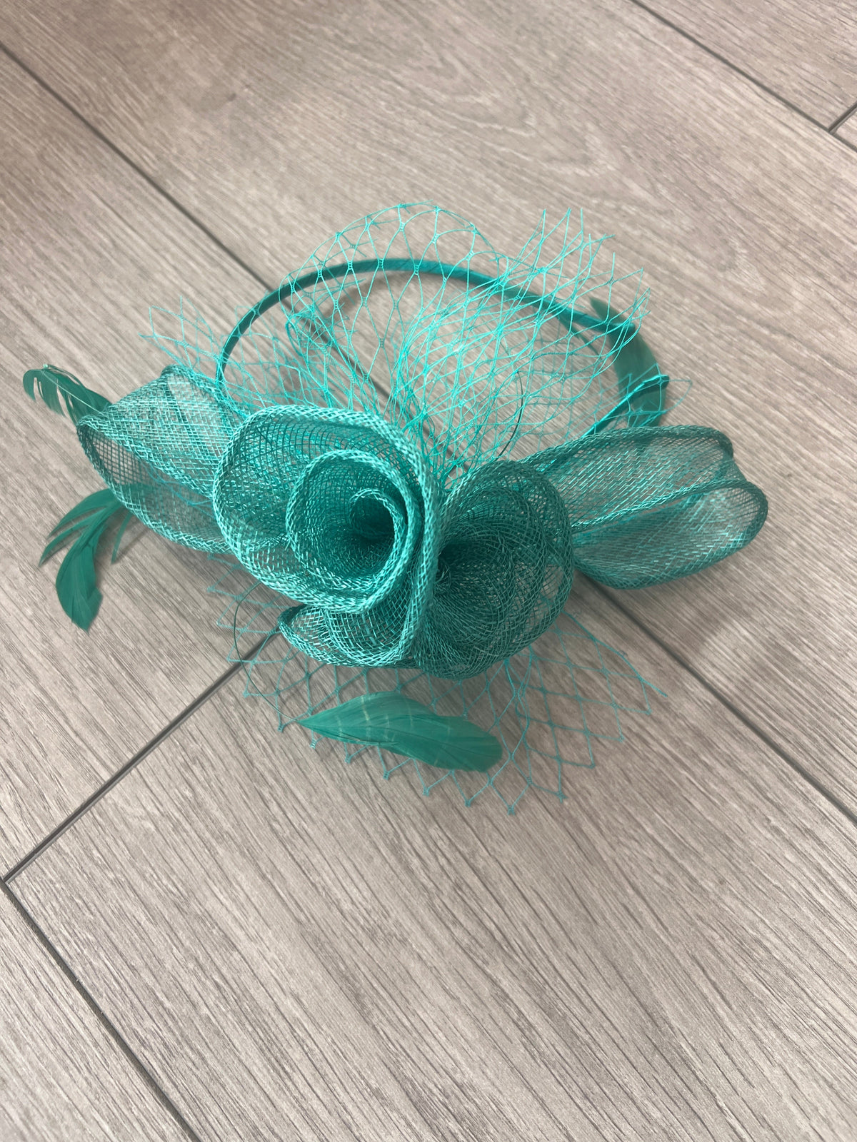Sinamay Green Flower Headband Fascinator With Netting &amp; Feathers-Fascinators Direct