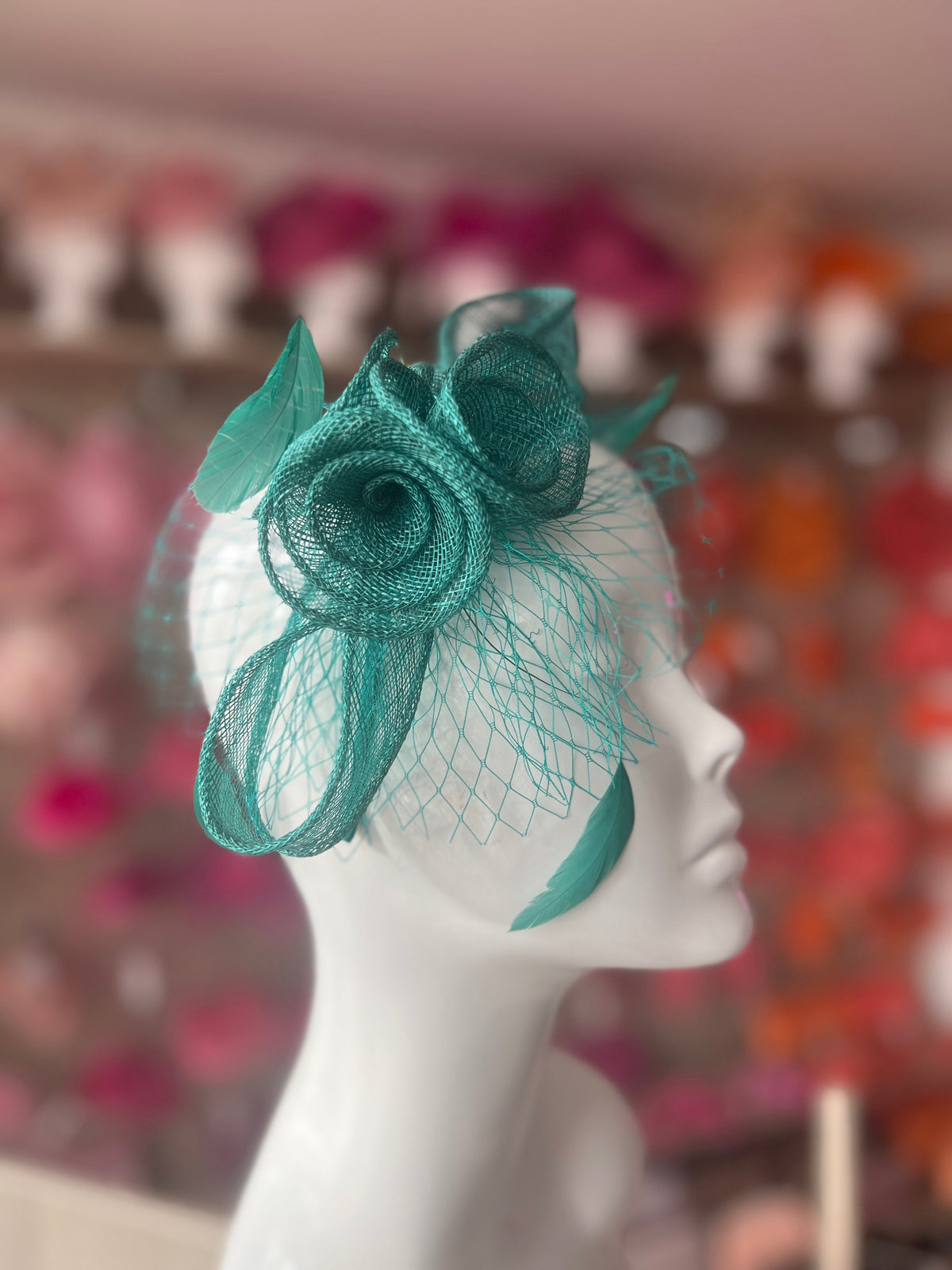 Sinamay Green Flower Headband Fascinator With Netting &amp; Feathers-Fascinators Direct