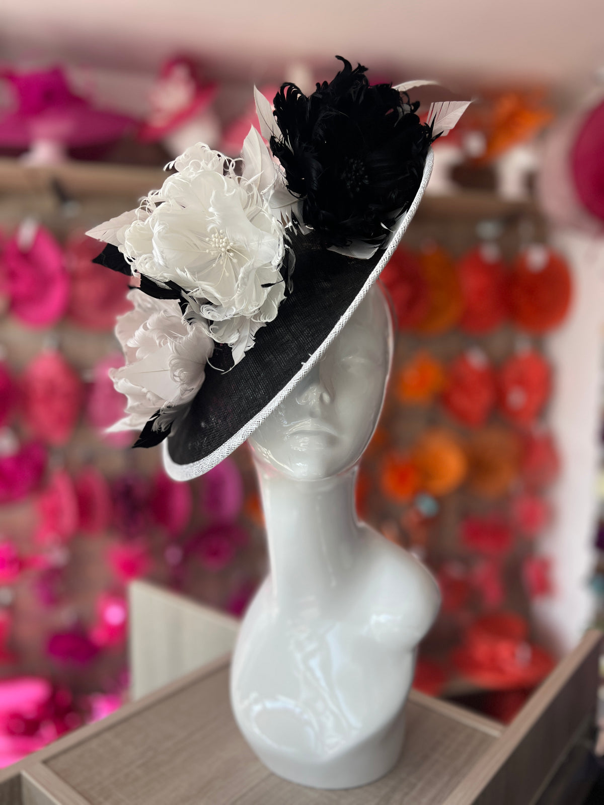Sinamay Hatinator With Soft Flowers-Black /White /Silver-Fascinators Direct
