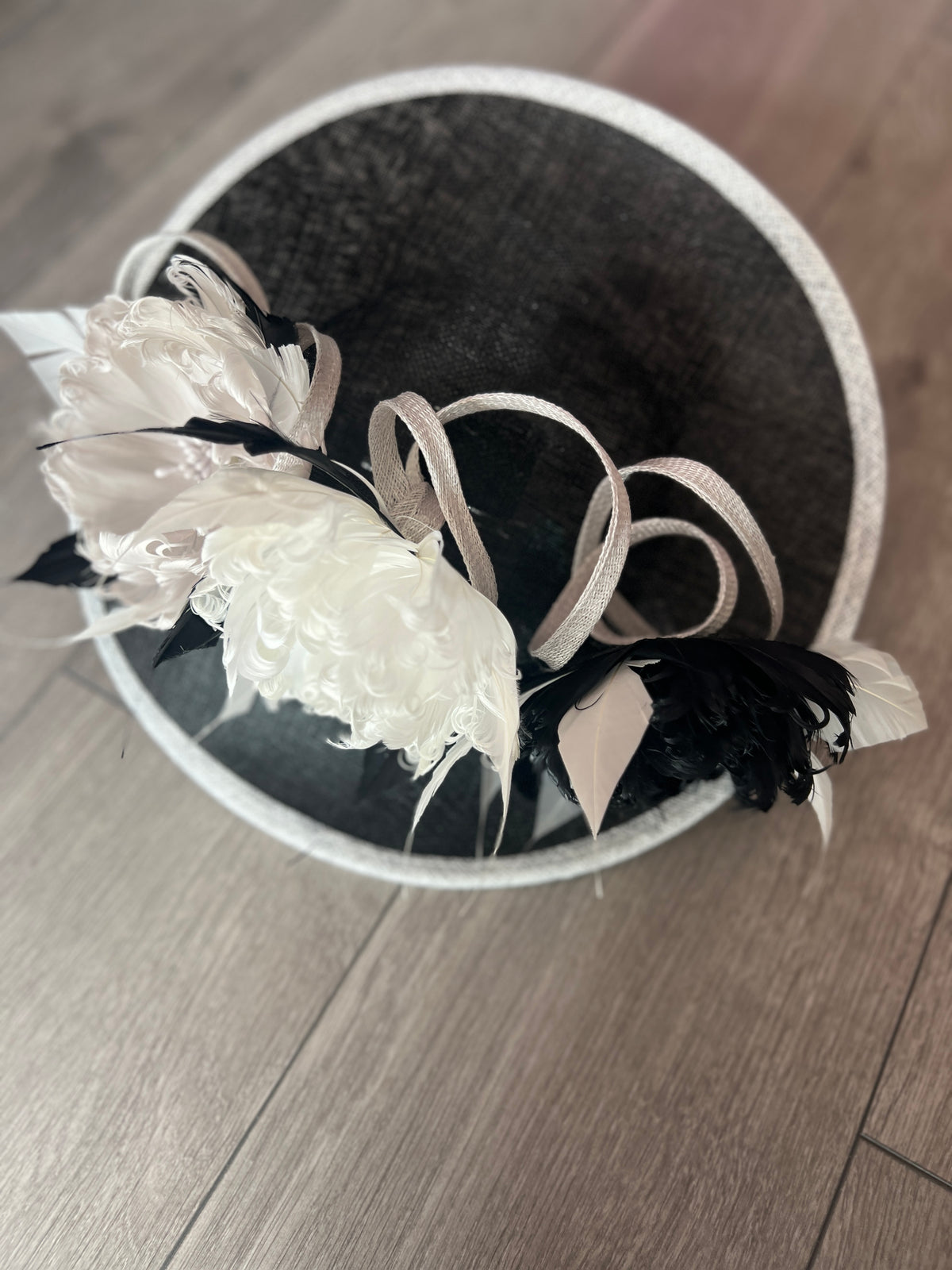 Sinamay Hatinator With Soft Flowers-Black /White /Silver-Fascinators Direct