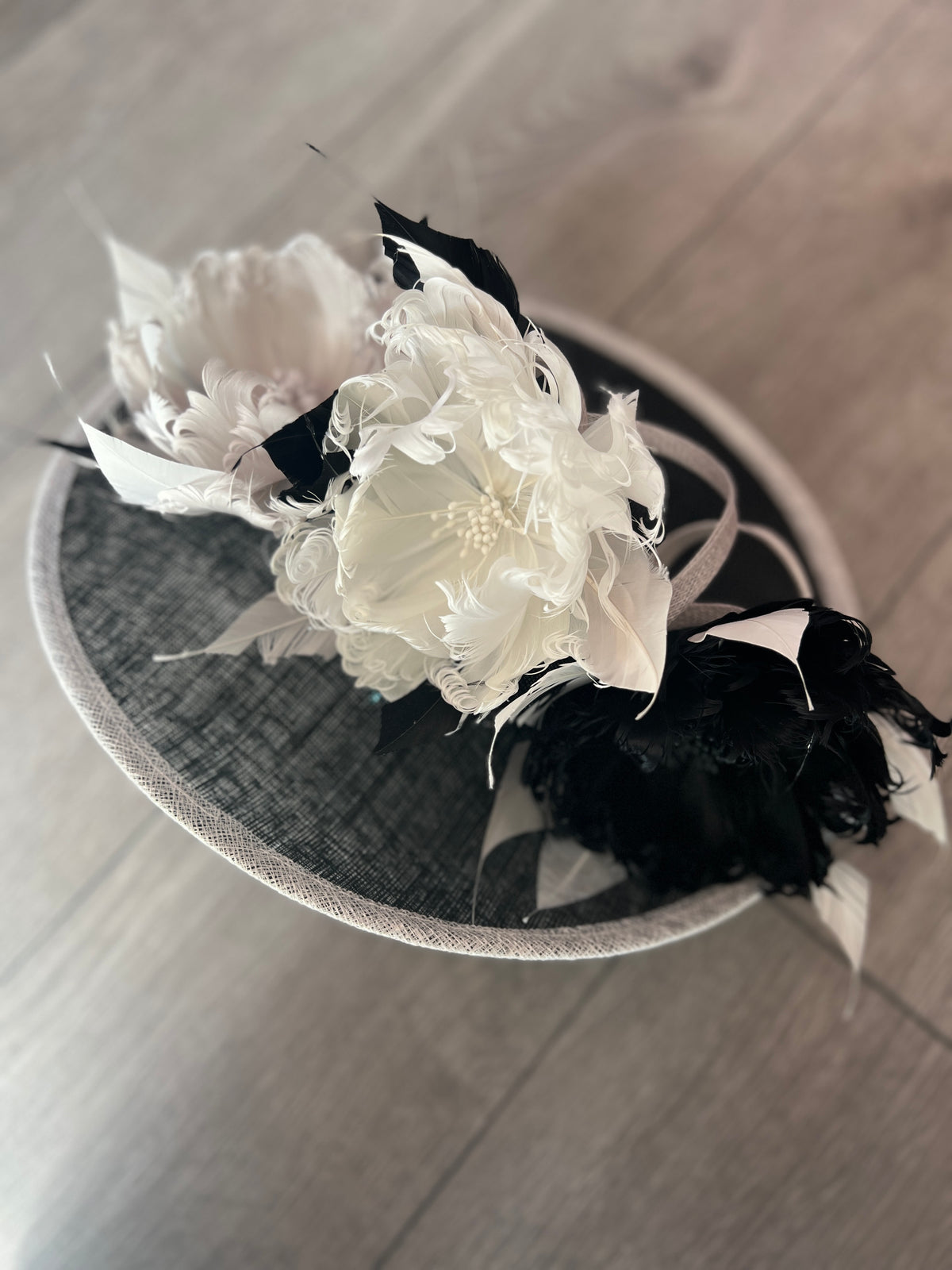 Sinamay Hatinator With Soft Flowers-Black /White /Silver-Fascinators Direct