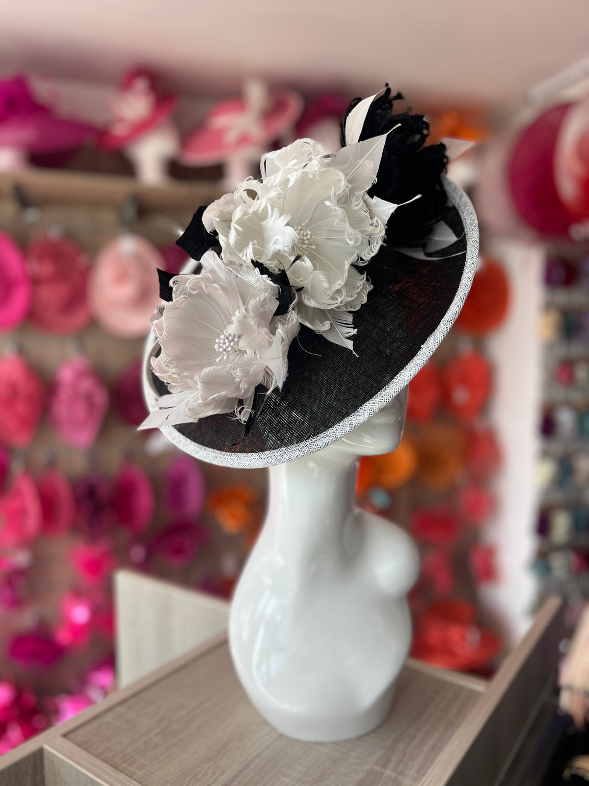Sinamay Hatinator With Soft Flowers-Black /White /Silver-Fascinators Direct