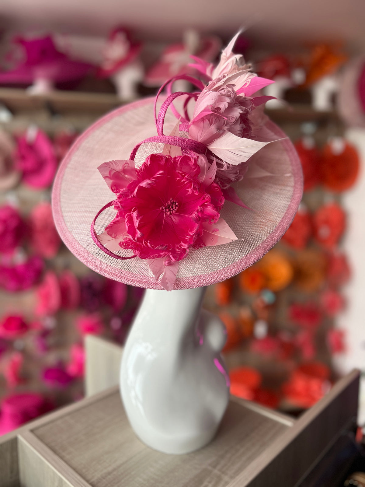 Sinamay Hatinator With Soft Flowers- Candy/Blossom/Flamingo-Fascinators Direct