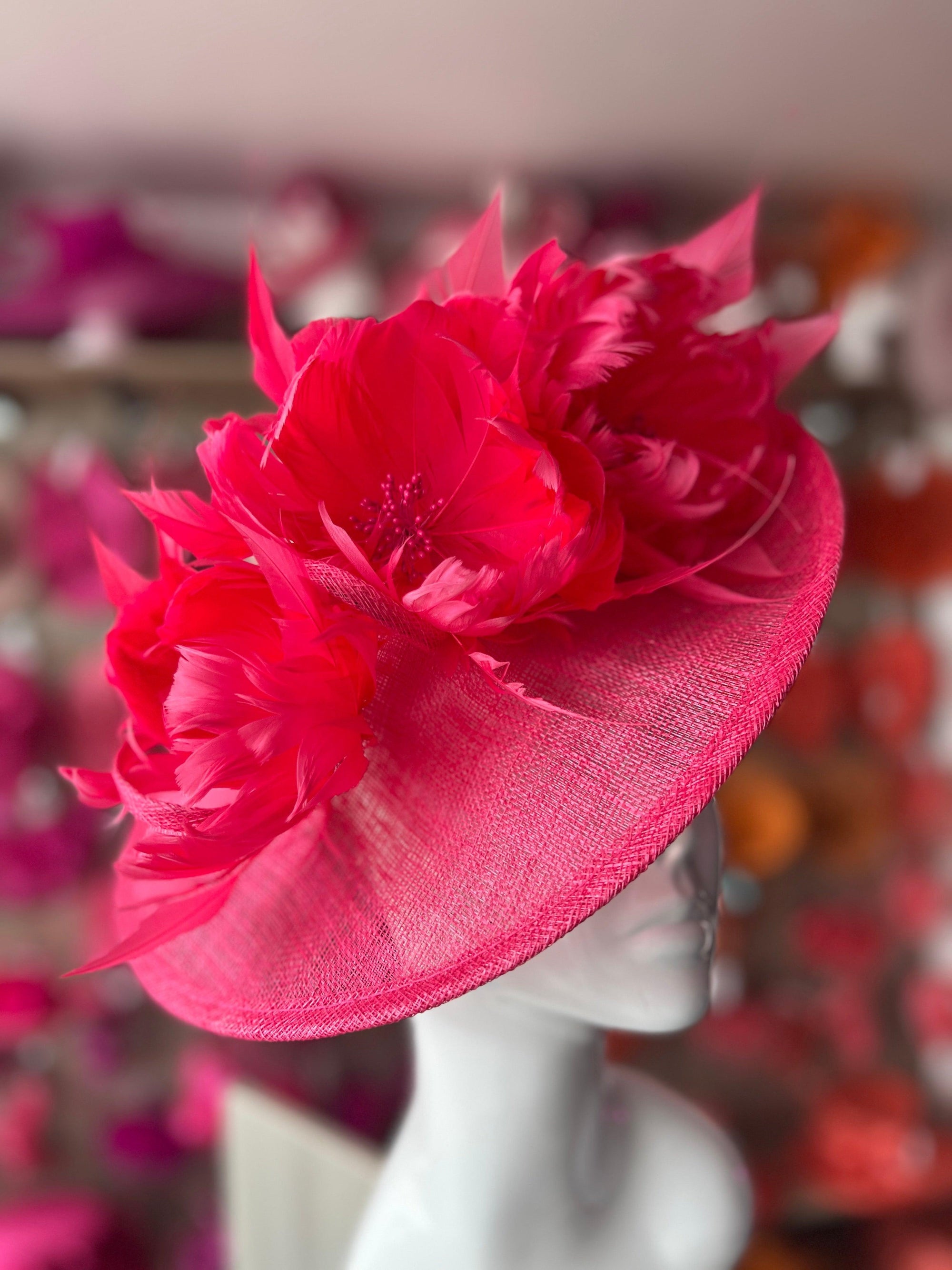 Sinamay Hatinator With Soft Flowers- Cerise-Fascinators Direct