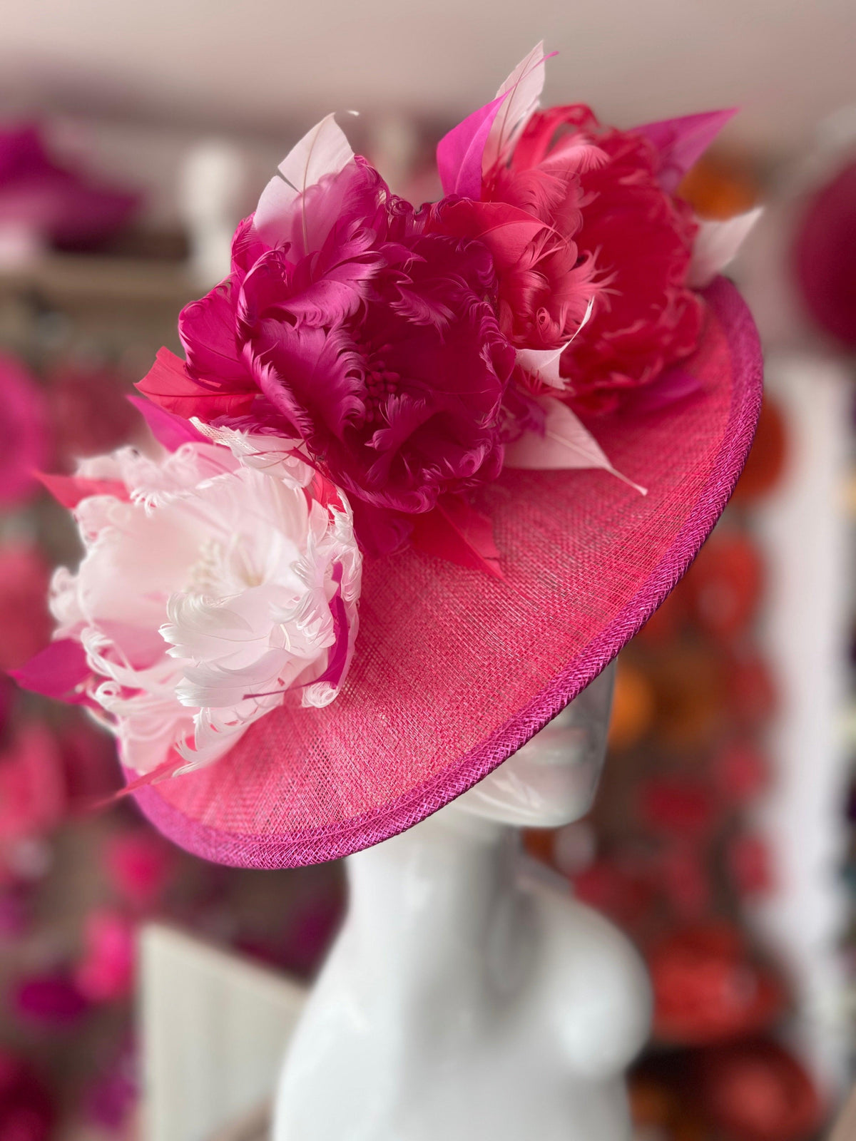 Sinamay Hatinator With Soft Flowers- Cerise/Fuchsia/White-Fascinators Direct