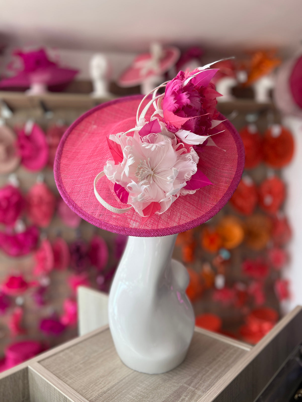 Sinamay Hatinator With Soft Flowers- Cerise/Fuchsia/White-Fascinators Direct