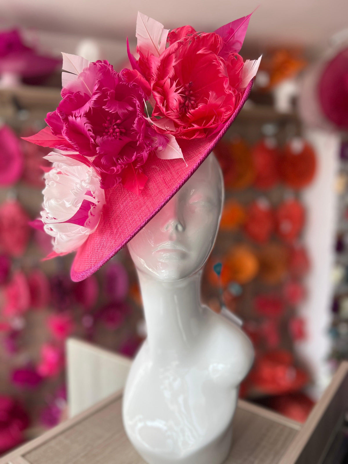 Sinamay Hatinator With Soft Flowers- Cerise/Fuchsia/White-Fascinators Direct