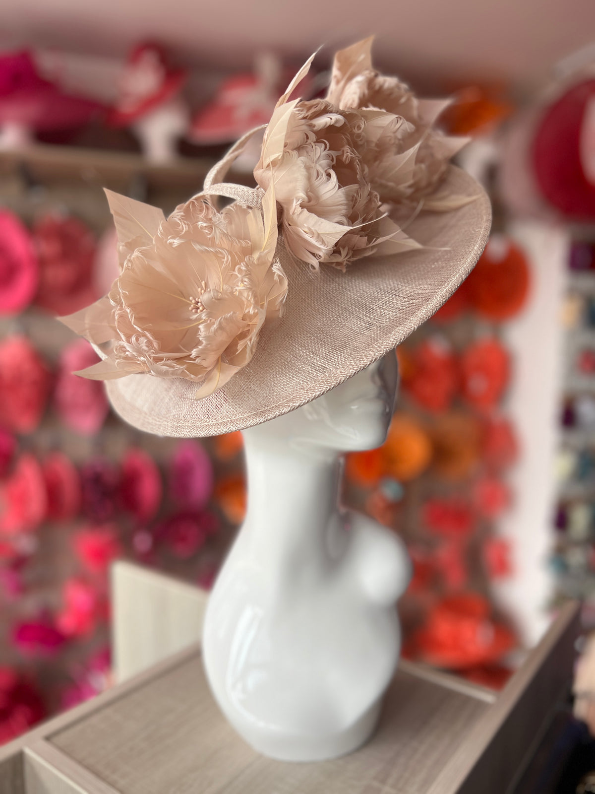 Sinamay Hatinator With Soft Flowers- Champagne-Fascinators Direct