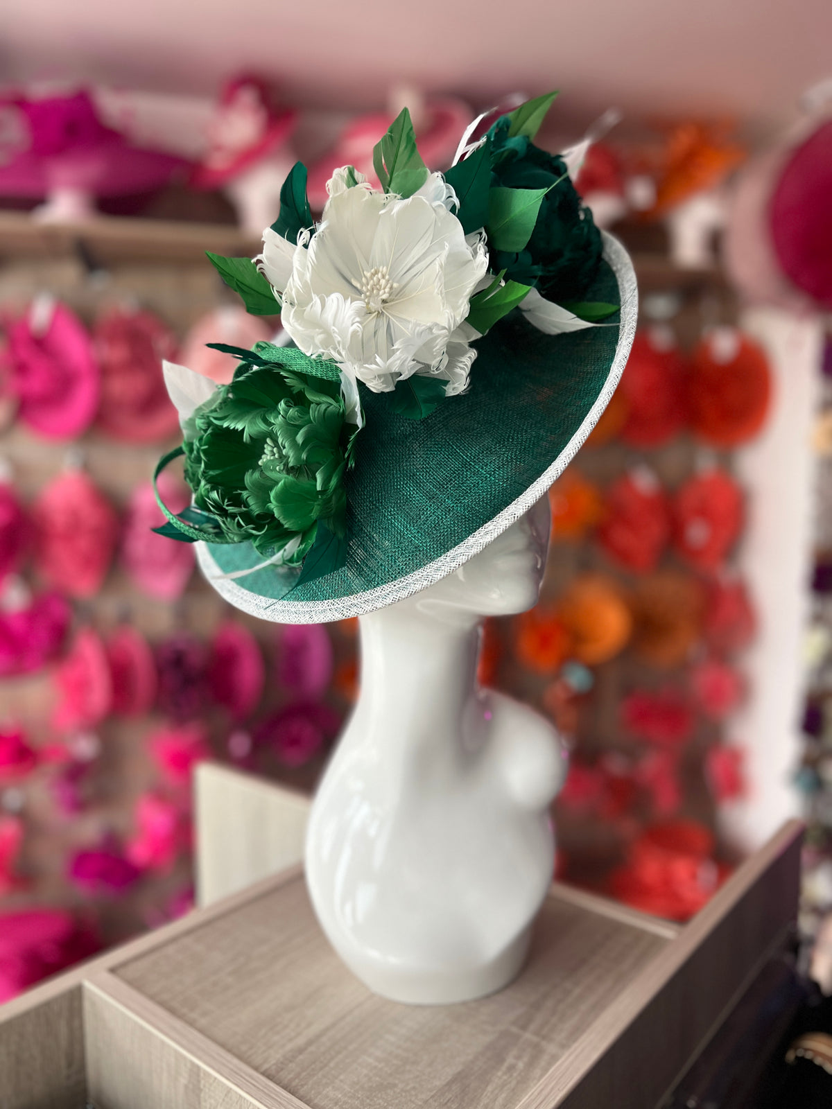 Sinamay Hatinator With Soft Flowers- Emerald/White/Fern-Fascinators Direct