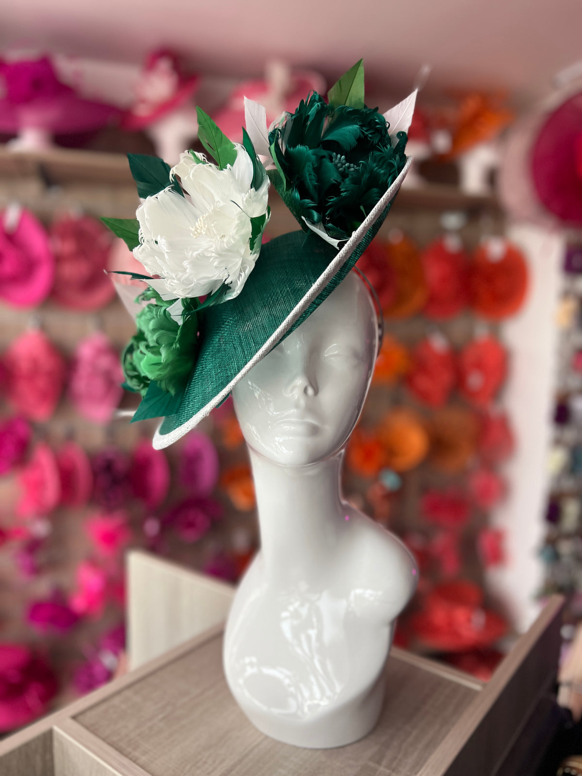 Sinamay Hatinator With Soft Flowers- Emerald/White/Fern-Fascinators Direct