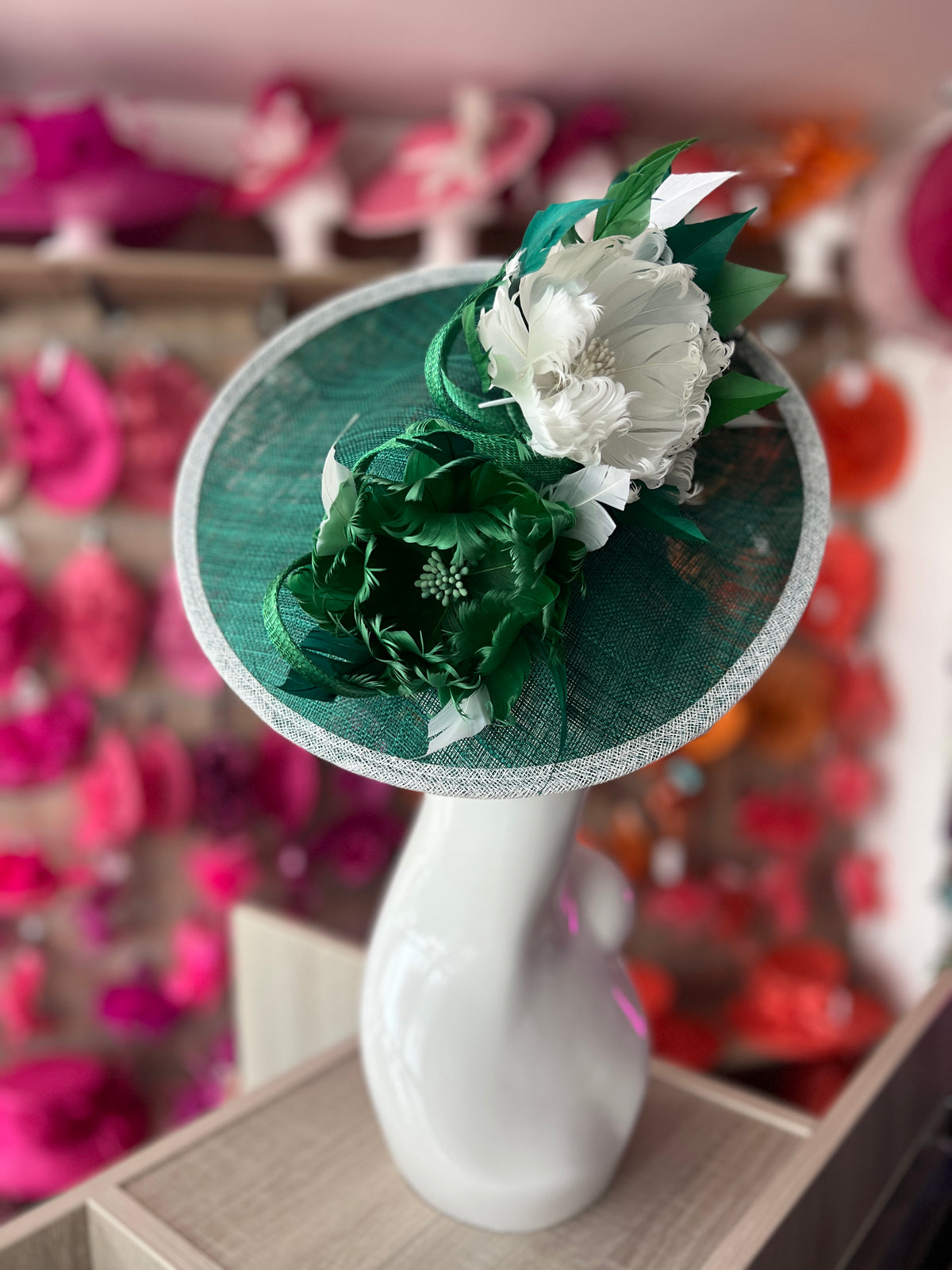 Sinamay Hatinator With Soft Flowers- Emerald/White/Fern-Fascinators Direct