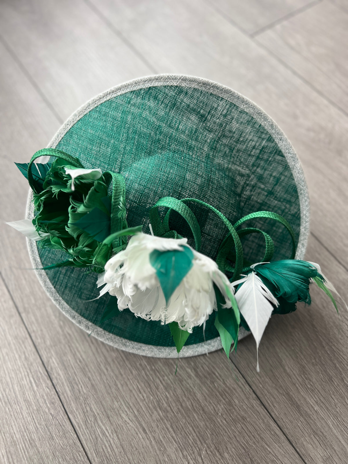 Sinamay Hatinator With Soft Flowers- Emerald/White/Fern-Fascinators Direct