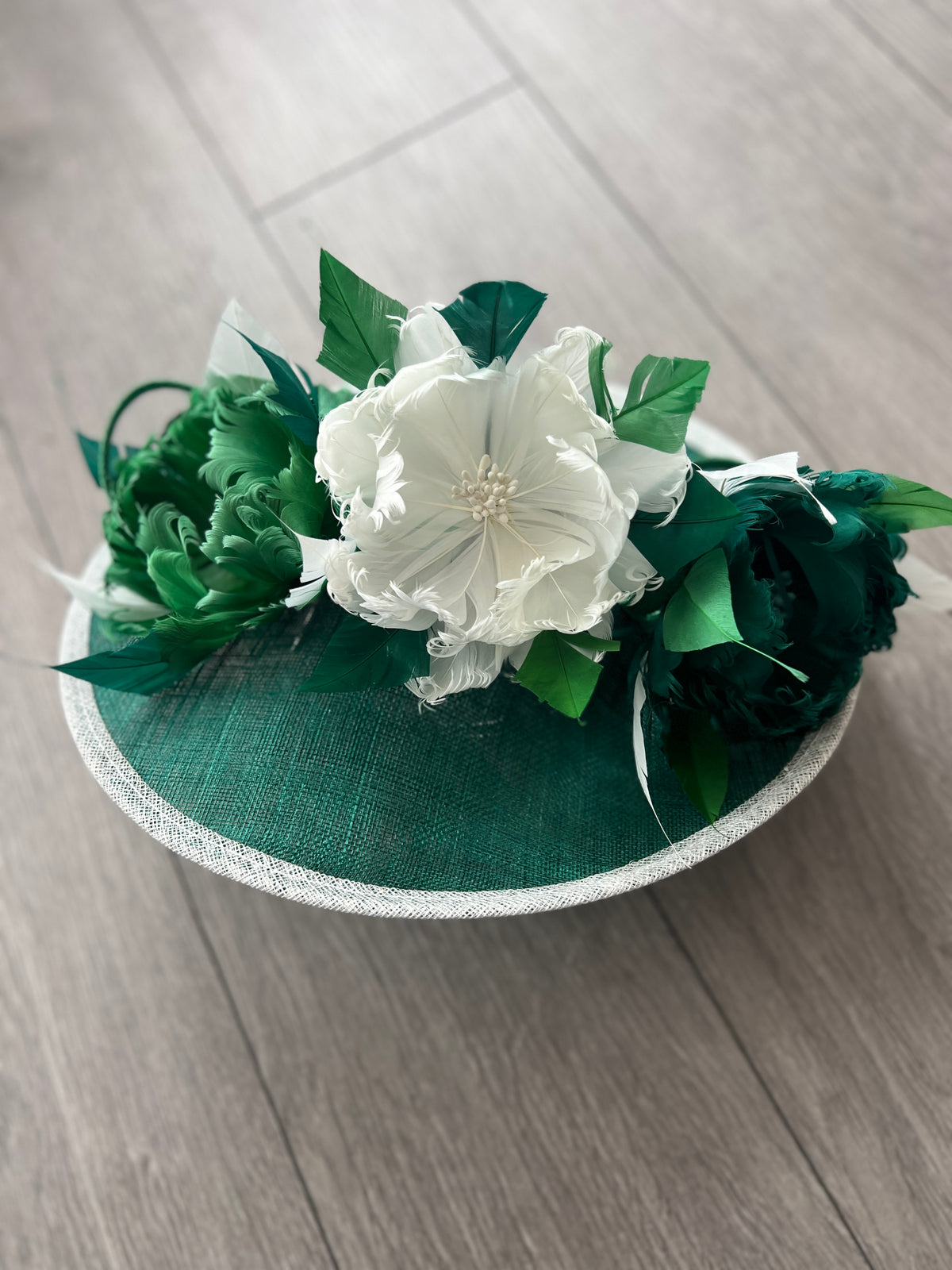 Sinamay Hatinator With Soft Flowers- Emerald/White/Fern-Fascinators Direct