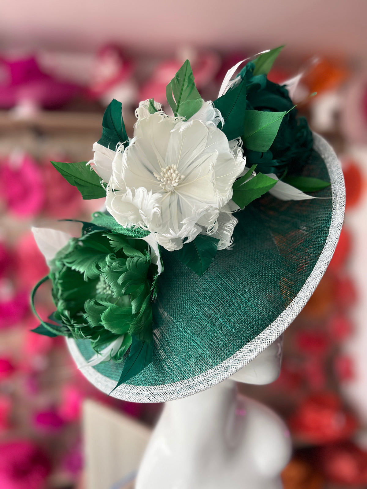 Sinamay Hatinator With Soft Flowers- Emerald/White/Fern-Fascinators Direct