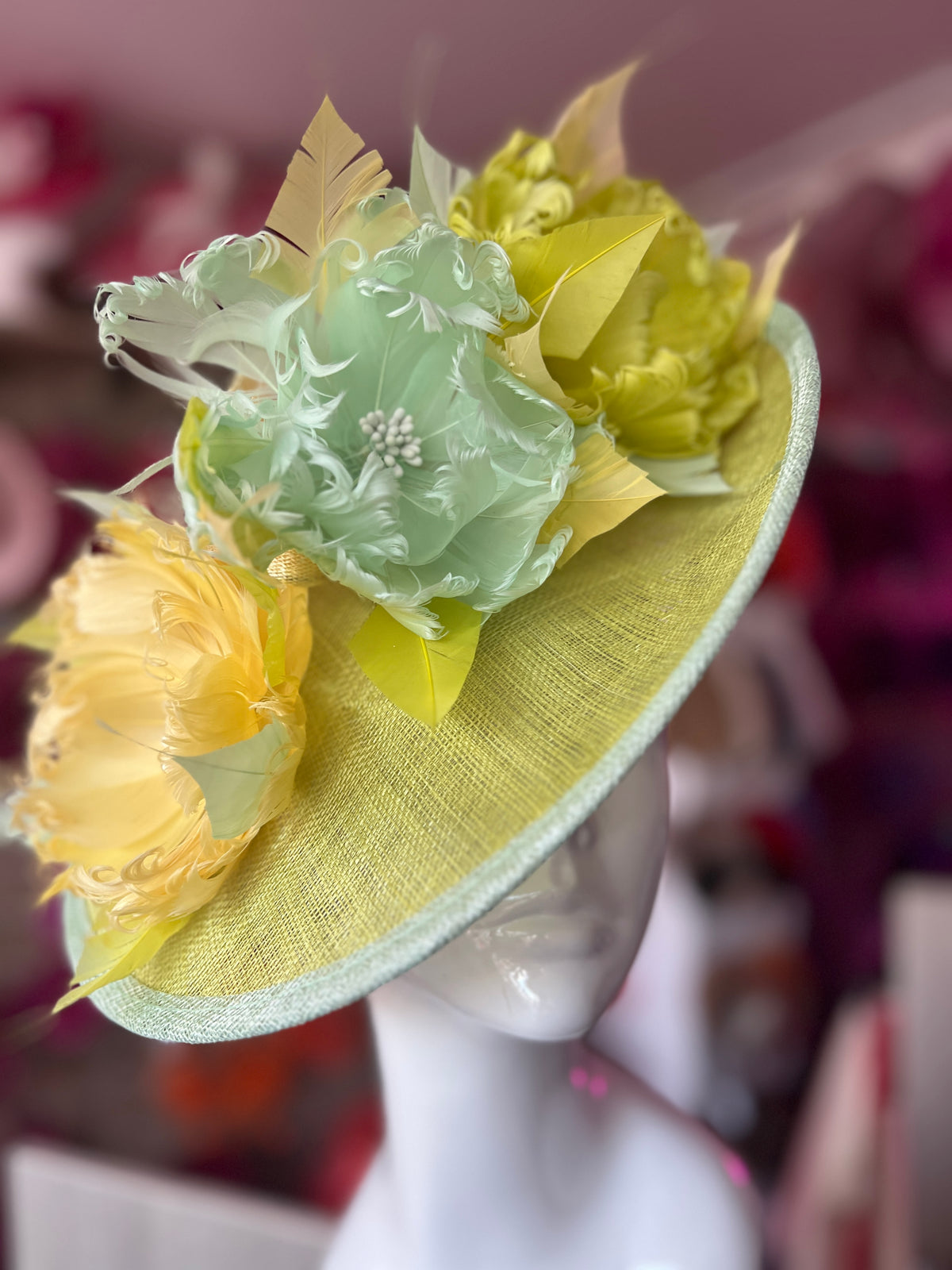Sinamay Hatinator With Soft Flowers- LIme/Aqua/Lemon-Fascinators Direct