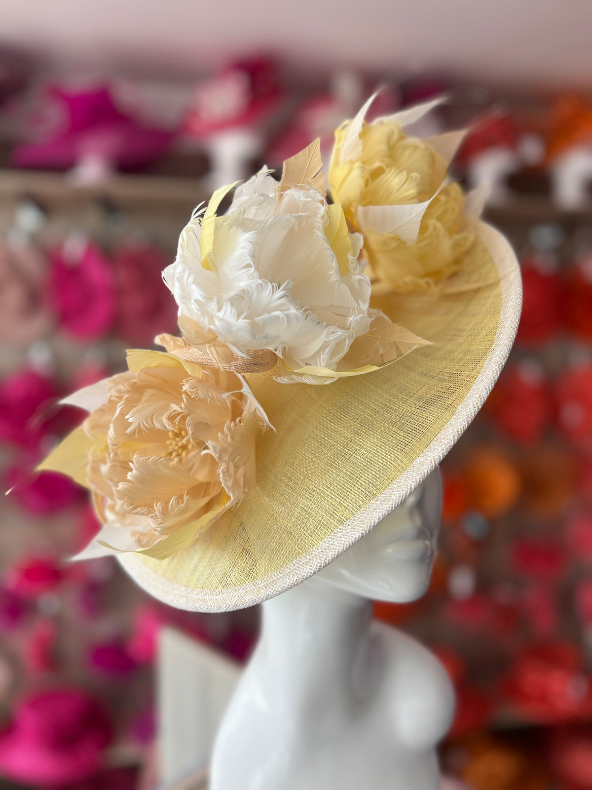 Sinamay Hatinator With Soft Flowers- Lemon/White/Nude-Fascinators Direct