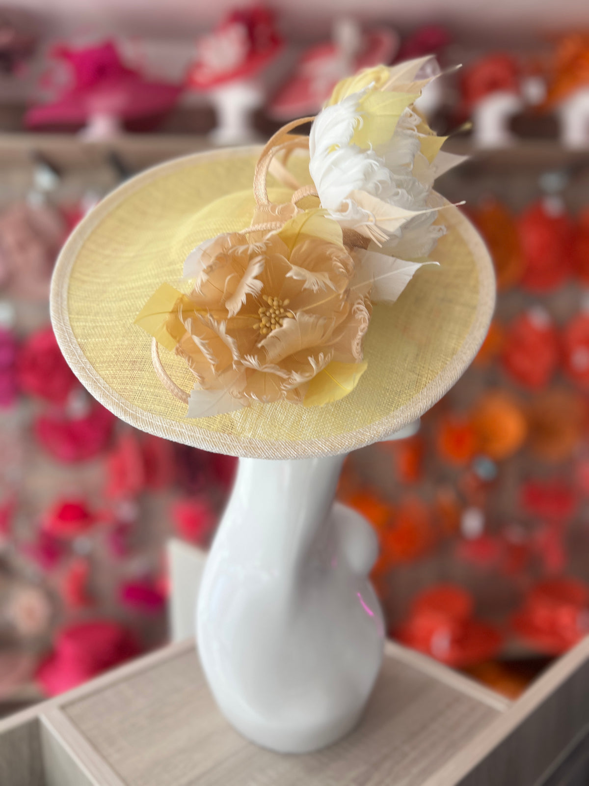 Sinamay Hatinator With Soft Flowers- Lemon/White/Nude-Fascinators Direct