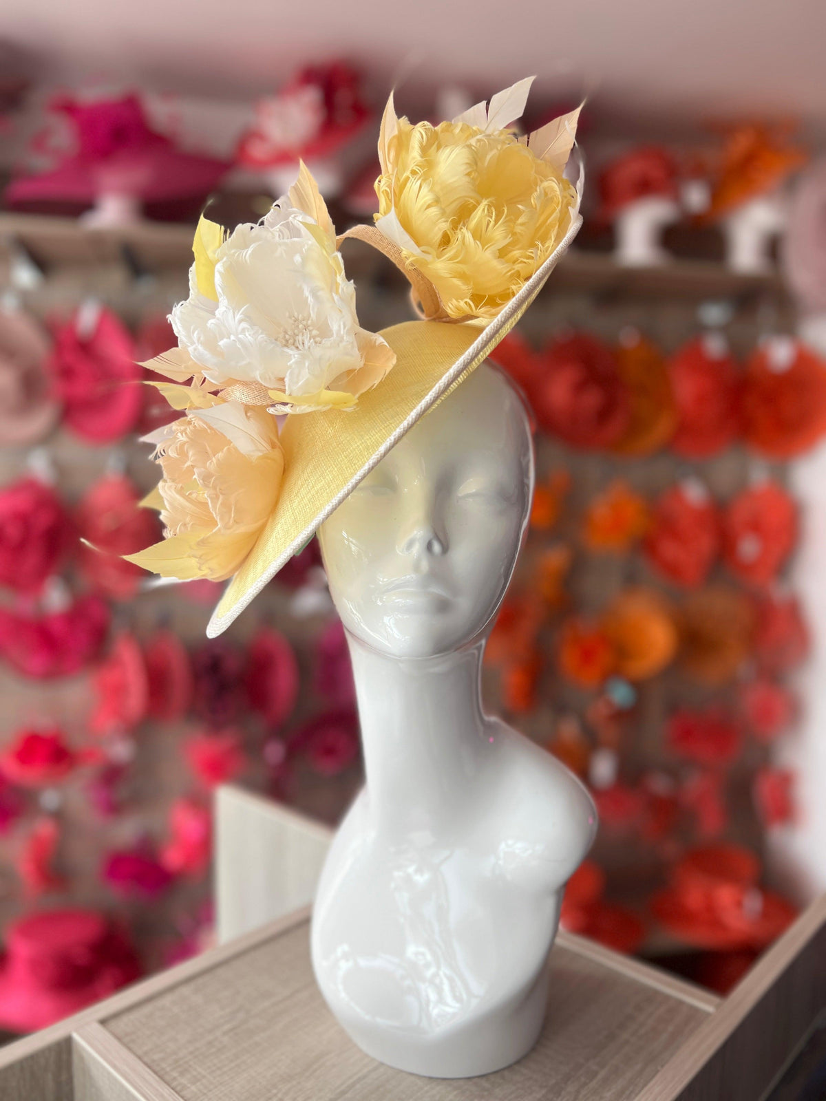 Sinamay Hatinator With Soft Flowers- Lemon/White/Nude-Fascinators Direct