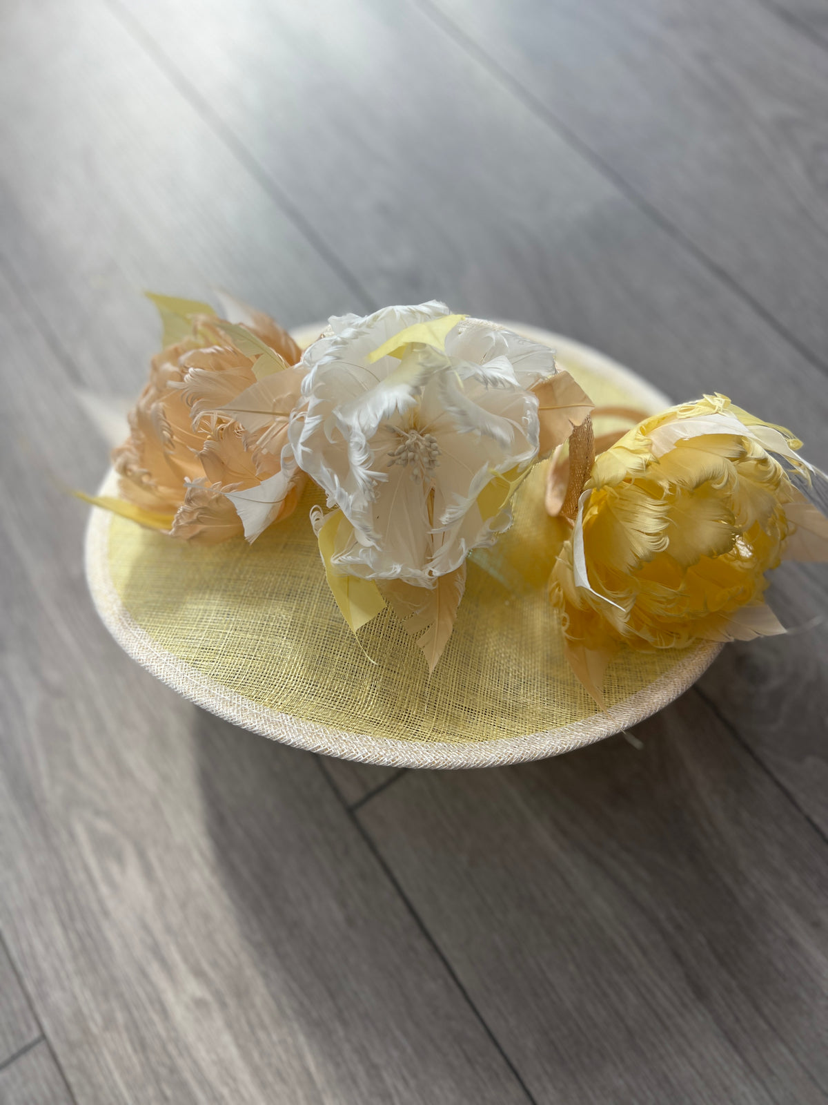 Sinamay Hatinator With Soft Flowers- Lemon/White/Nude-Fascinators Direct