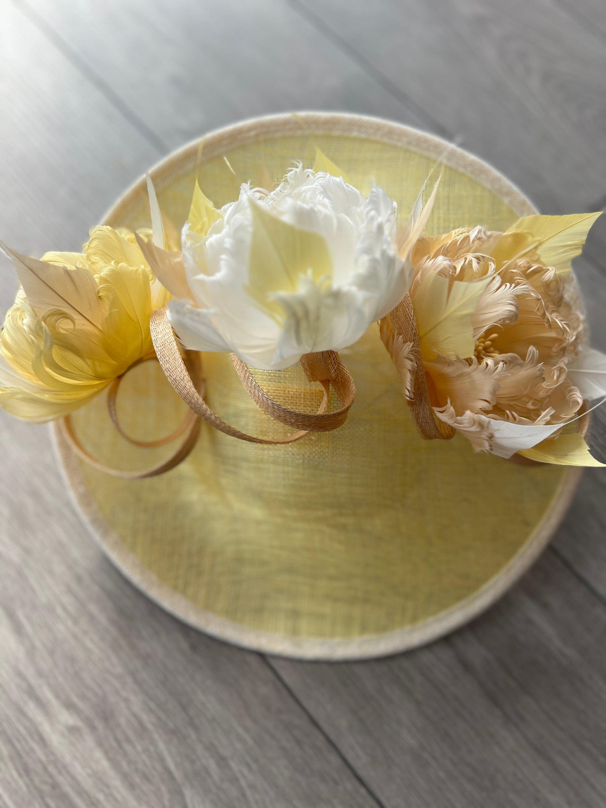 Sinamay Hatinator With Soft Flowers- Lemon/White/Nude-Fascinators Direct