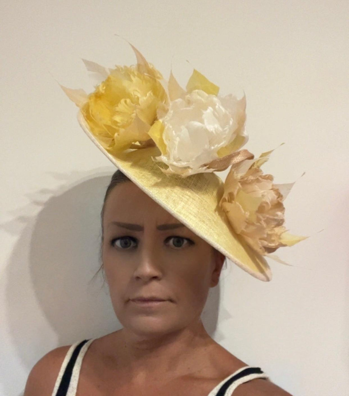 Sinamay Hatinator With Soft Flowers- Lemon/White/Nude-Fascinators Direct
