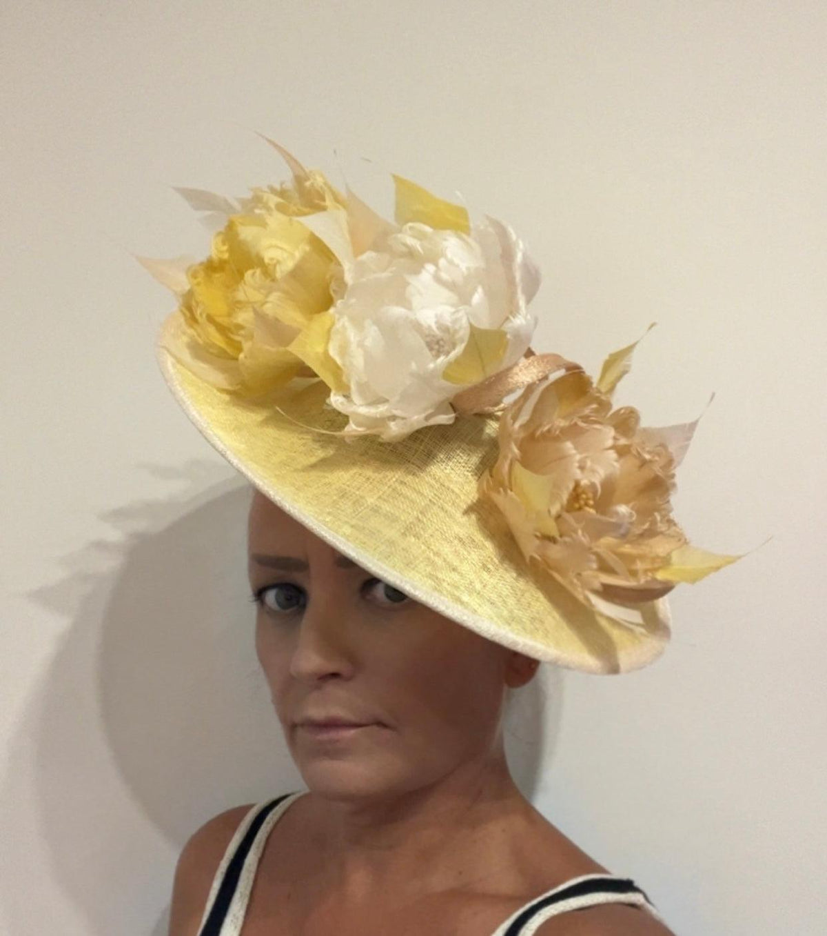 Sinamay Hatinator With Soft Flowers- Lemon/White/Nude-Fascinators Direct