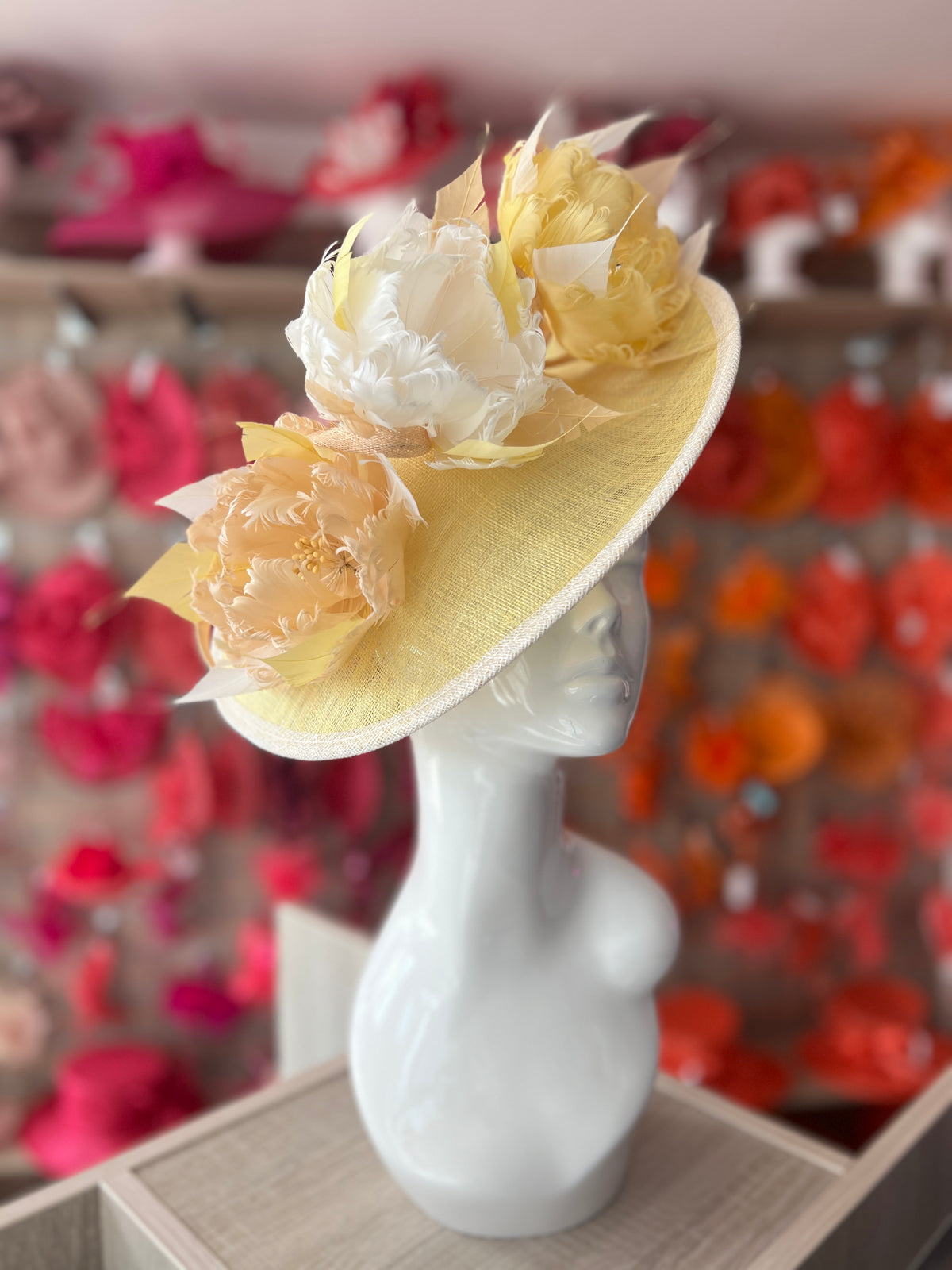 Sinamay Hatinator With Soft Flowers- Lemon/White/Nude-Fascinators Direct