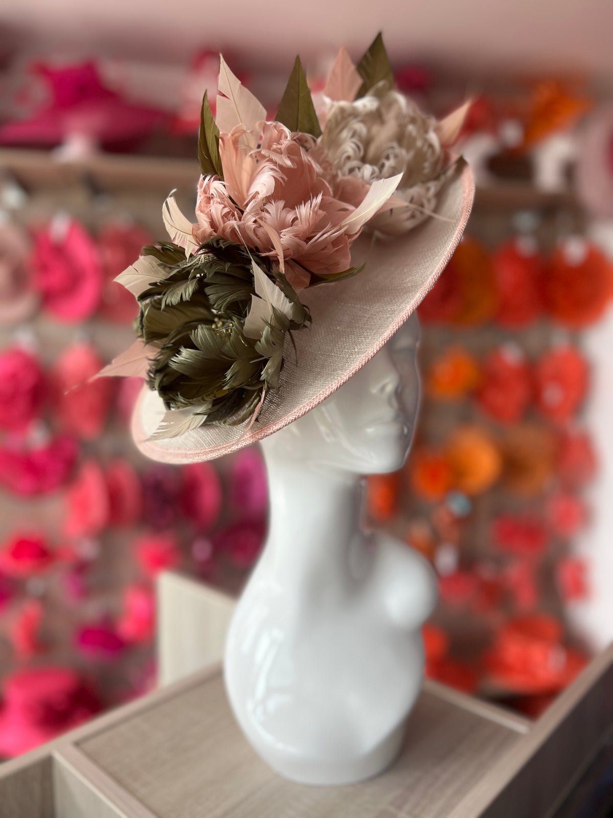 Sinamay Hatinator With Soft Flowers- Mist/Blush/Olive-Fascinators Direct