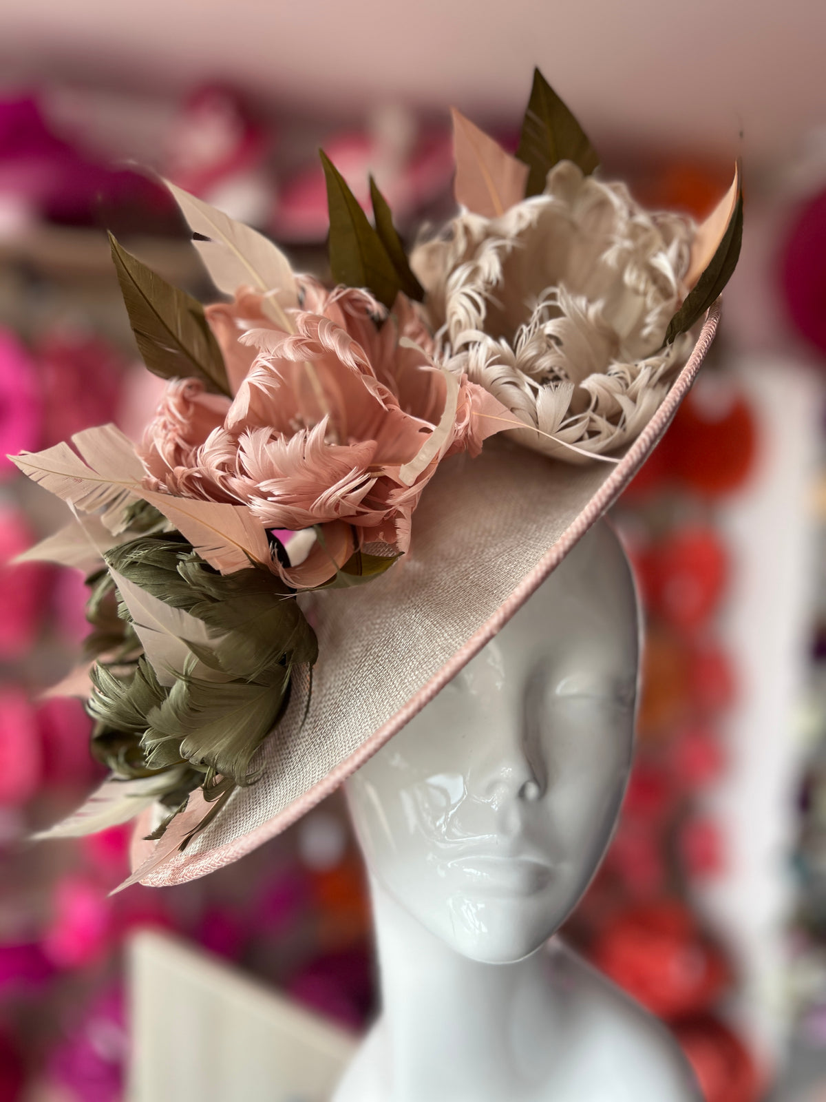 Sinamay Hatinator With Soft Flowers- Mist/Blush/Olive-Fascinators Direct