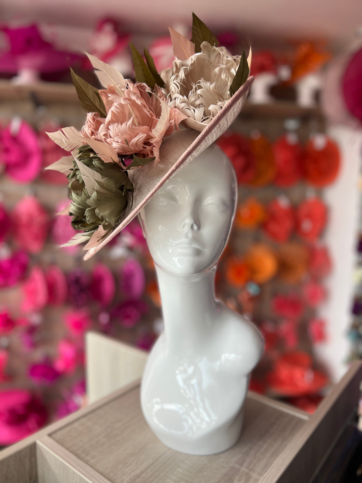 Sinamay Hatinator With Soft Flowers- Mist/Blush/Olive-Fascinators Direct