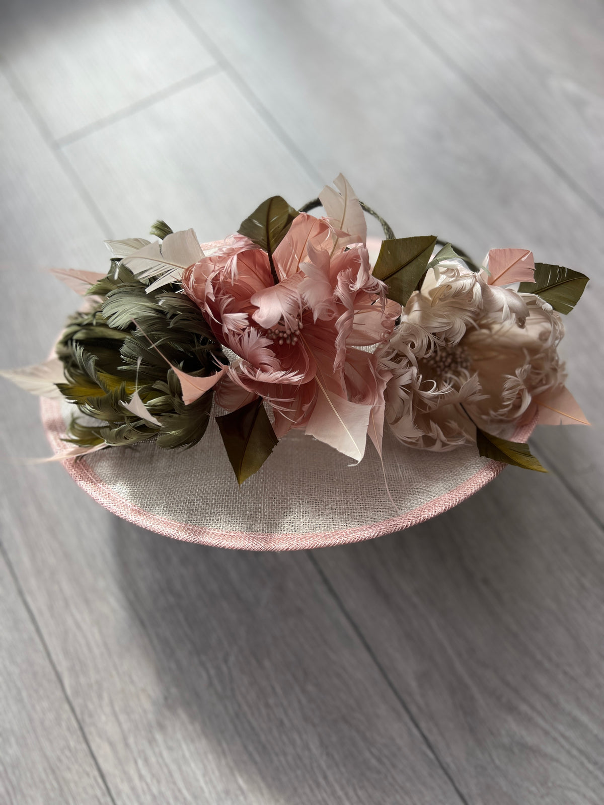 Sinamay Hatinator With Soft Flowers- Mist/Blush/Olive-Fascinators Direct