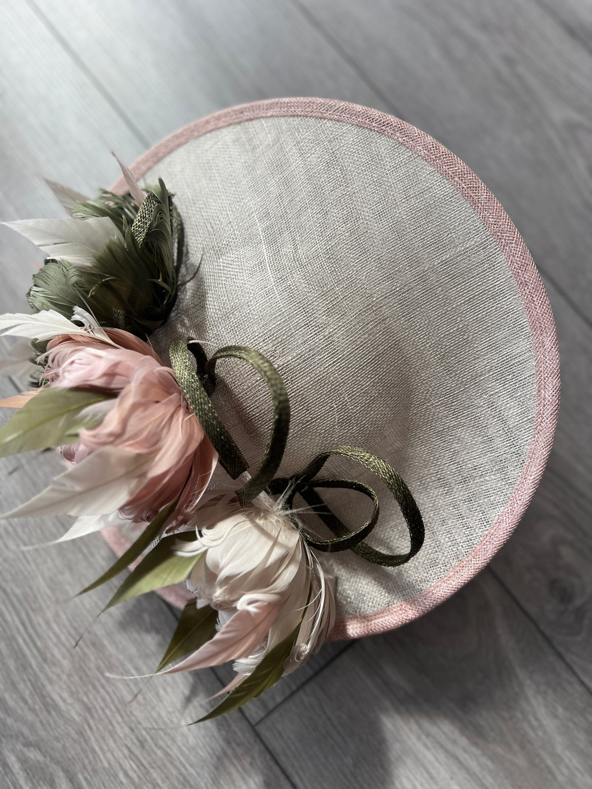 Sinamay Hatinator With Soft Flowers- Mist/Blush/Olive-Fascinators Direct