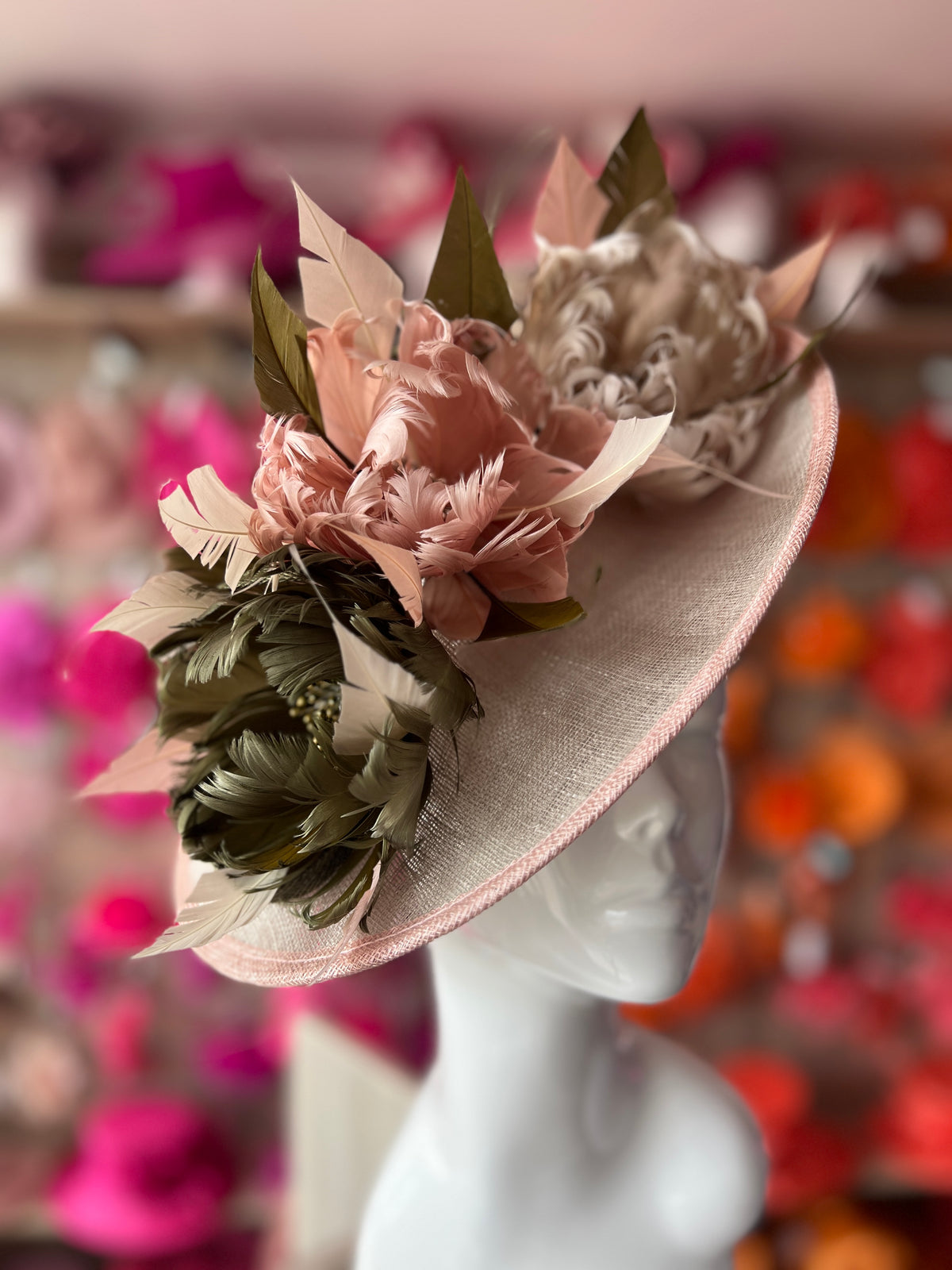 Sinamay Hatinator With Soft Flowers- Mist/Blush/Olive-Fascinators Direct