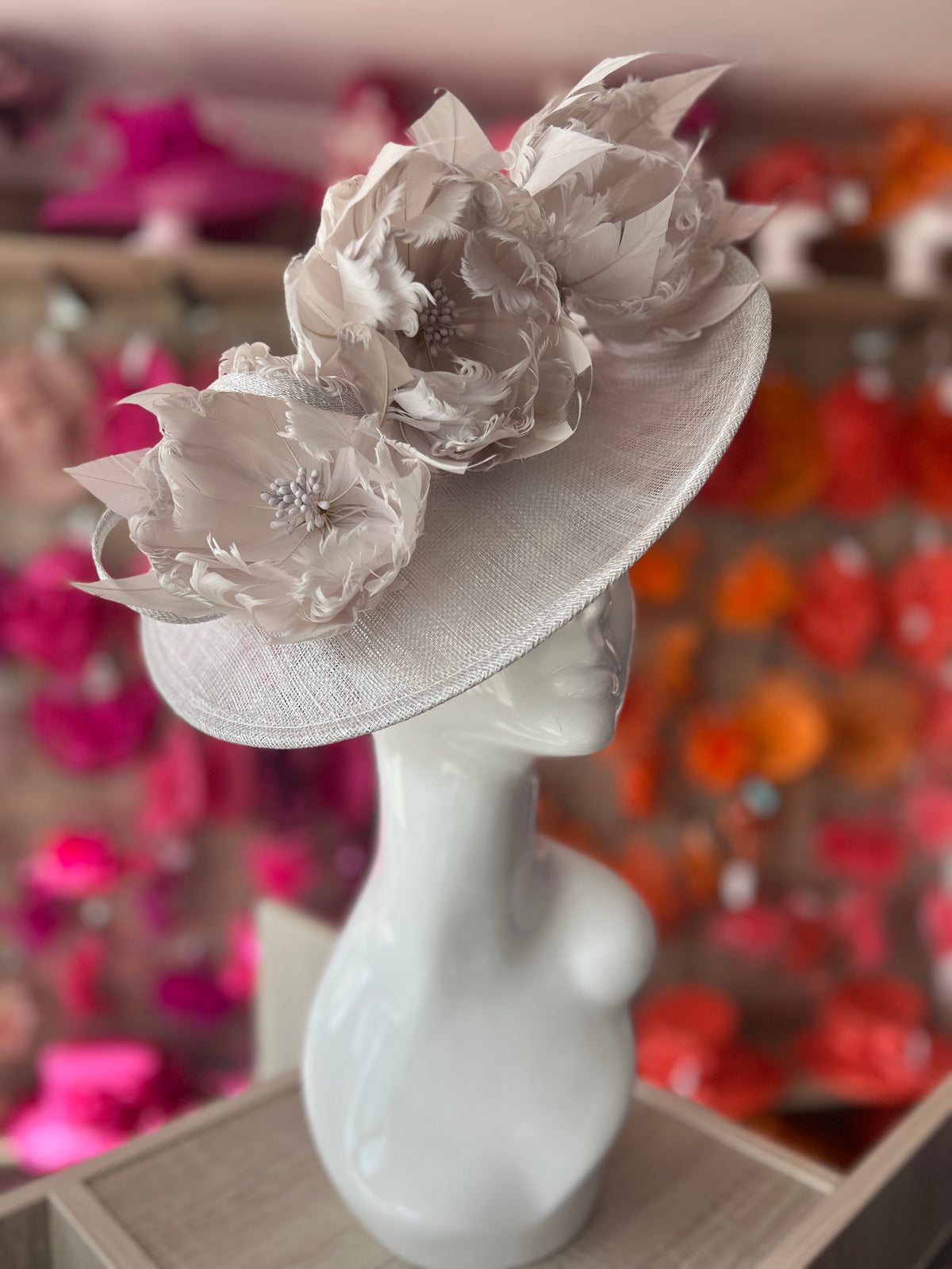 Sinamay Hatinator With Soft Flowers- Silver-Fascinators Direct