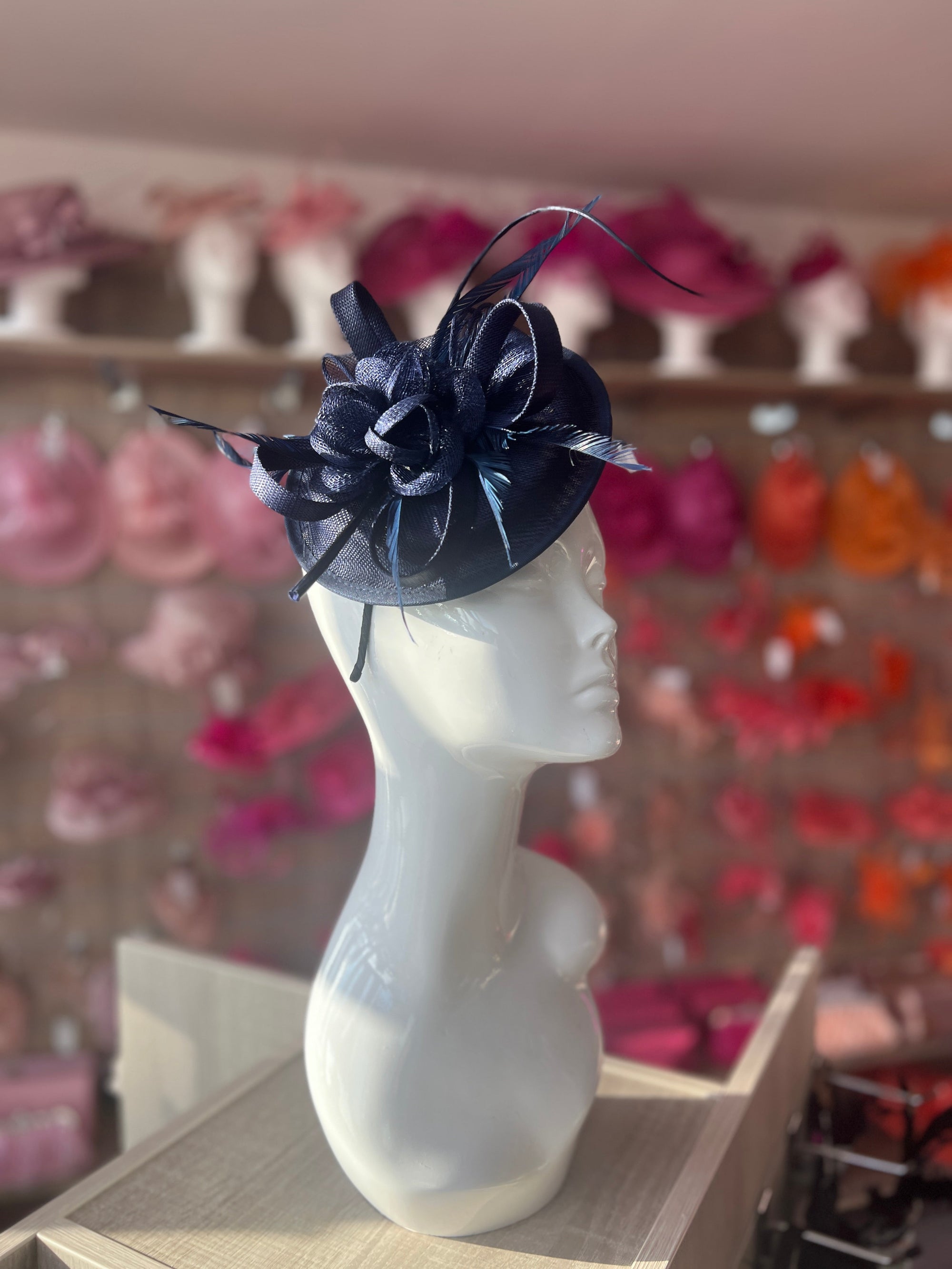 Sinamay Navy Round Base Fascinator with Twirl Flower and Feathers-Fascinators Direct