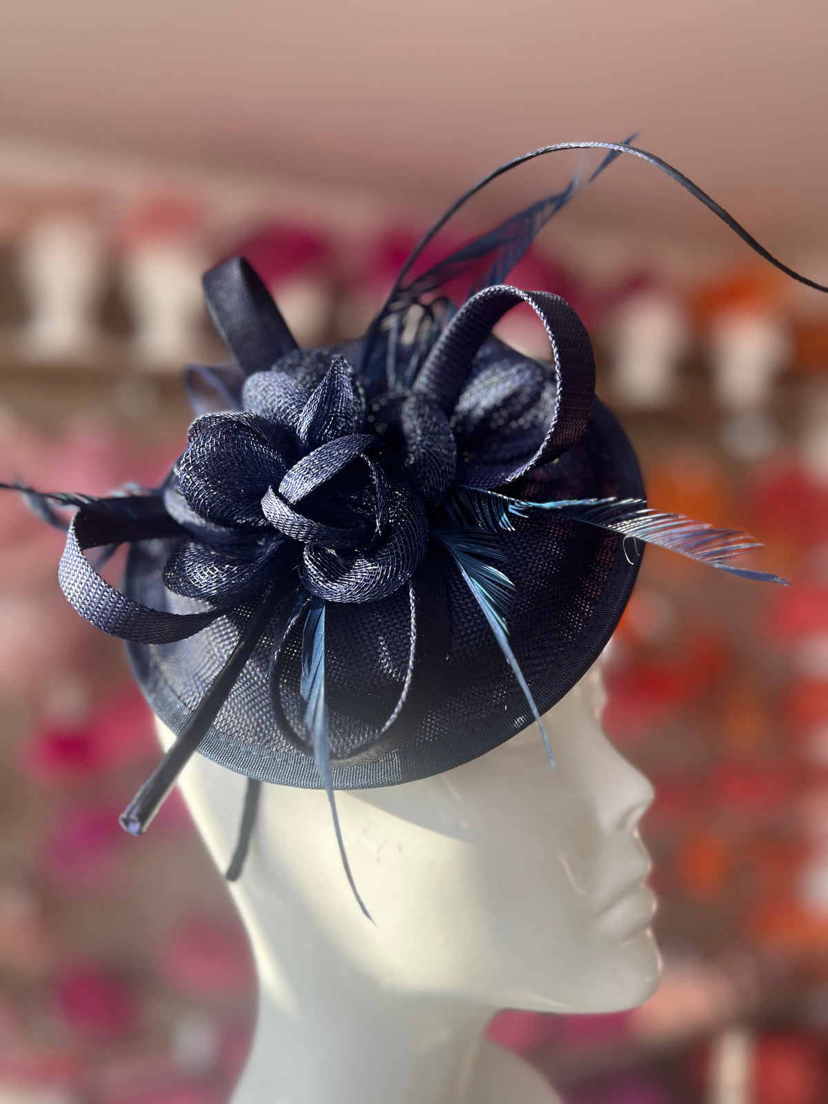 Sinamay Navy Round Base Fascinator with Twirl Flower and Feathers-Fascinators Direct