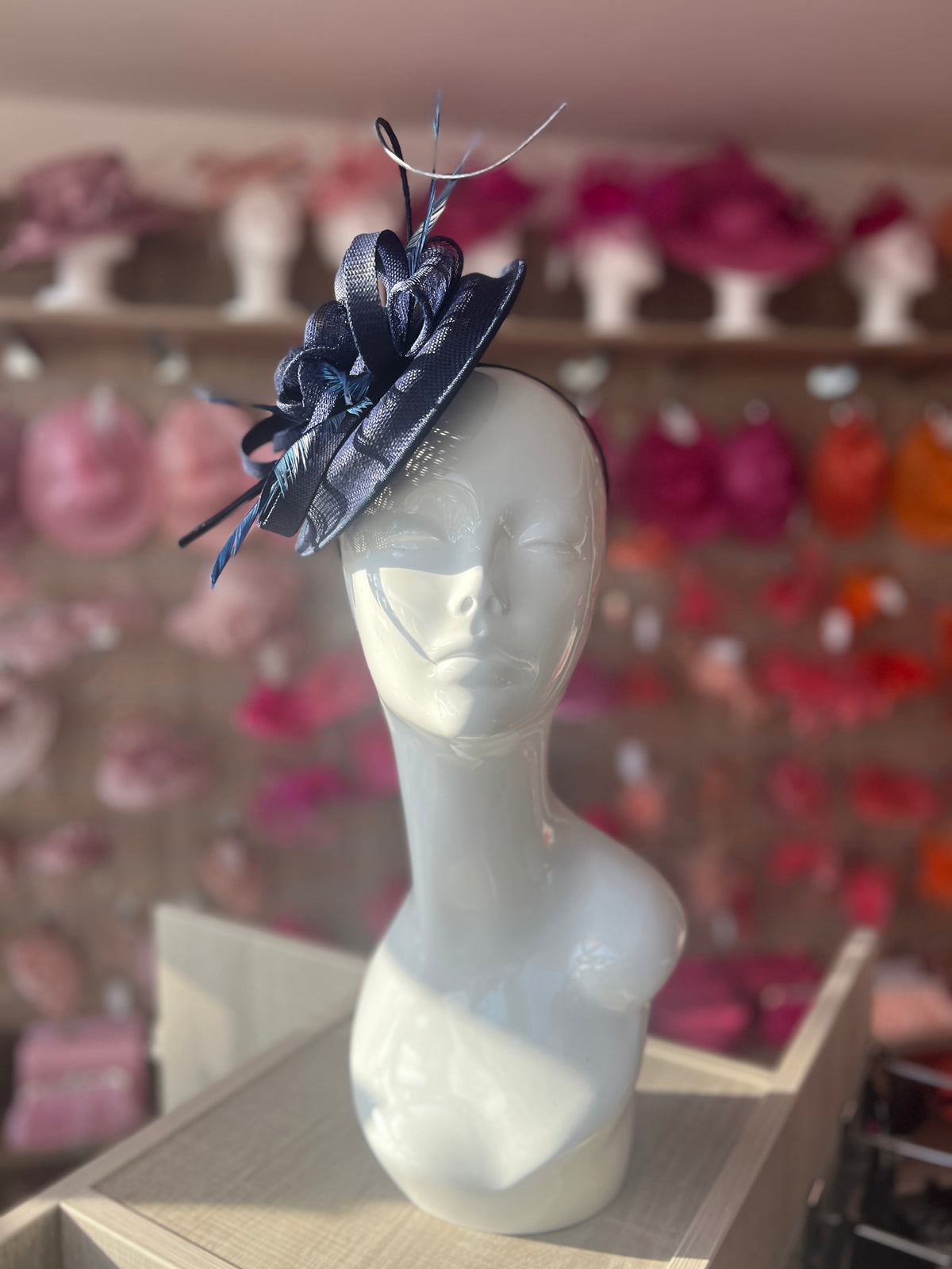 Sinamay Navy Round Base Fascinator with Twirl Flower and Feathers-Fascinators Direct