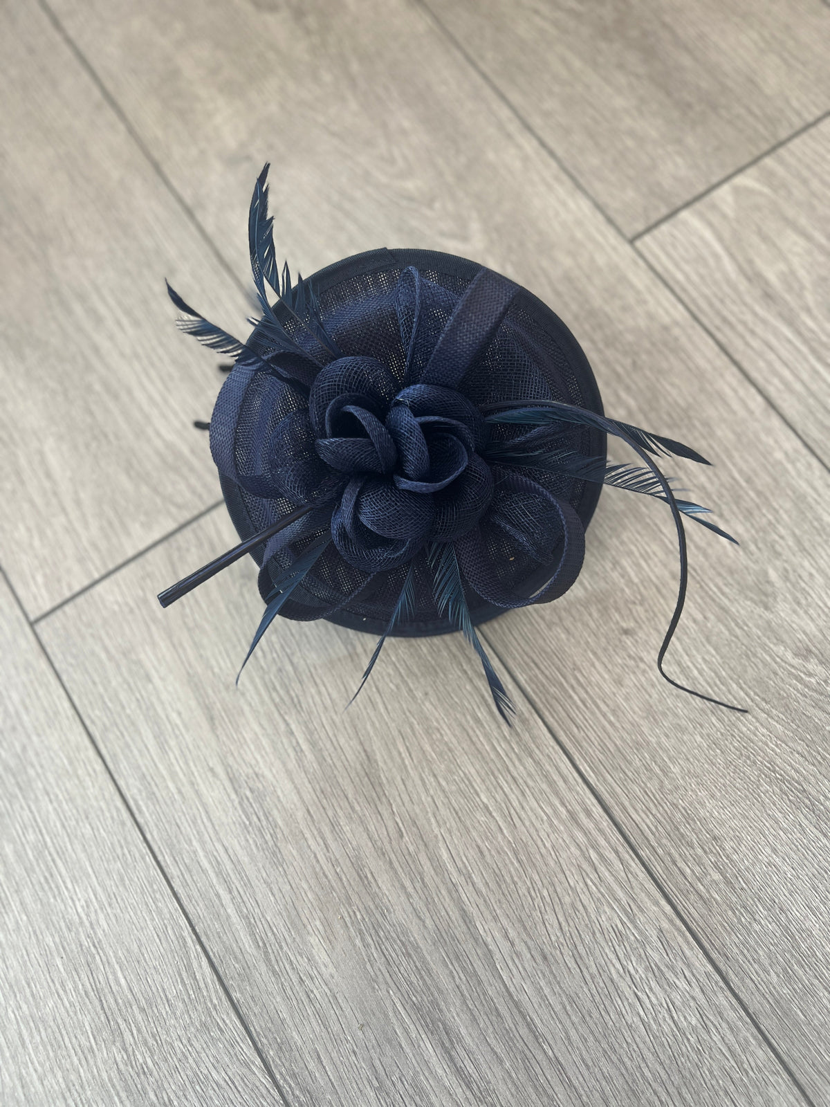 Sinamay Navy Round Base Fascinator with Twirl Flower and Feathers-Fascinators Direct