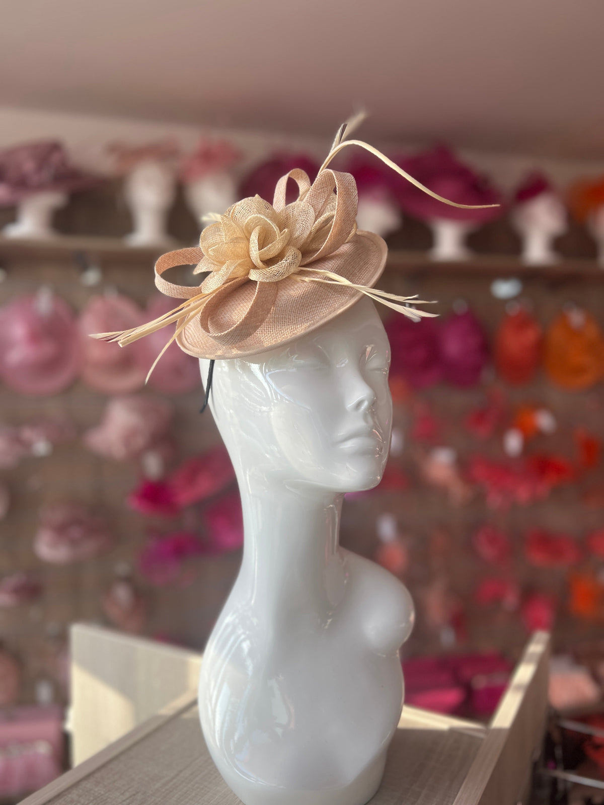 Sinamay Nude Round Base Fascinator with Twirl Flower and Feathers-Fascinators Direct
