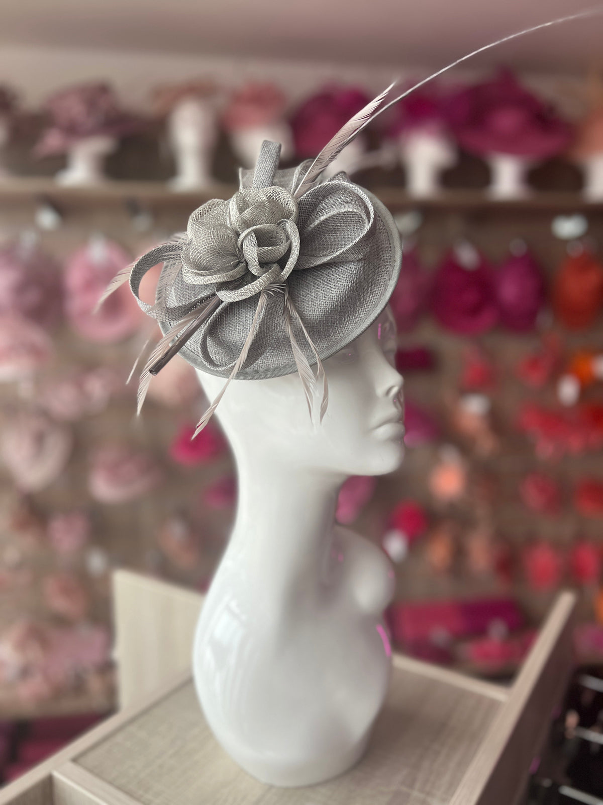 Sinamay Silver/Grey Round Base Fascinator with Twirl Flower and Feathers-Fascinators Direct