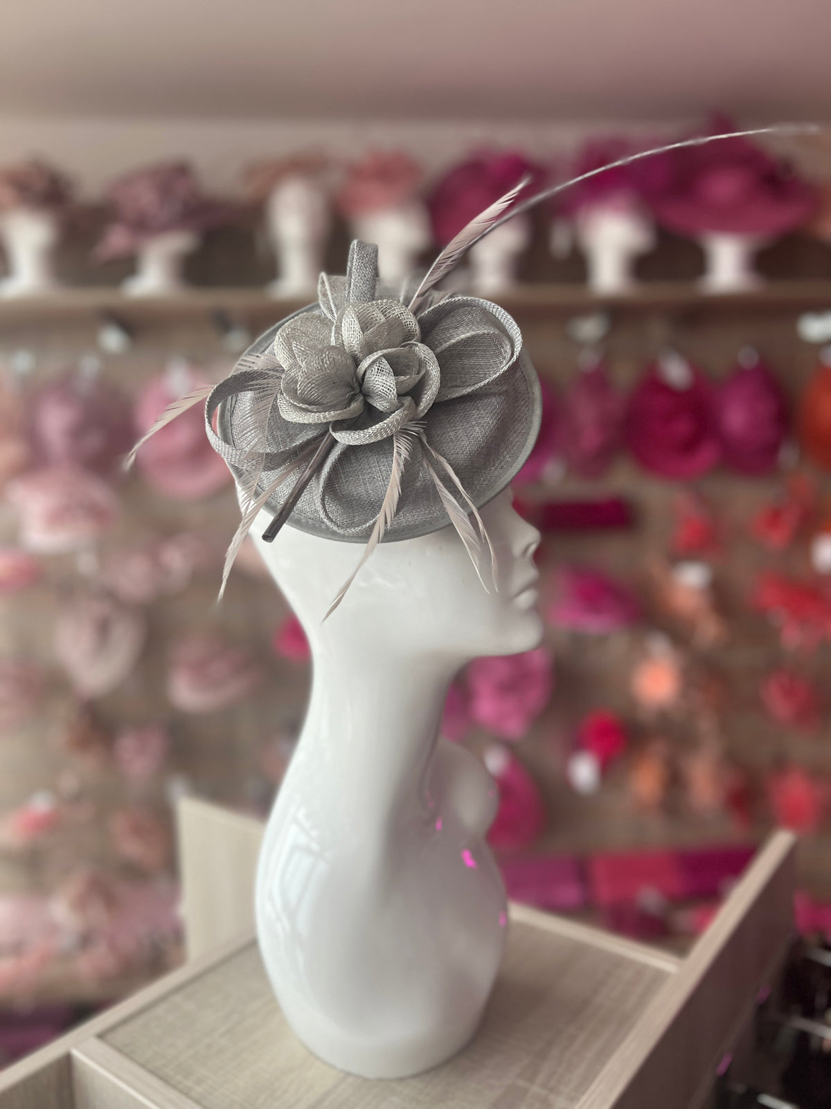 Sinamay Silver/Grey Round Base Fascinator with Twirl Flower and Feathers-Fascinators Direct