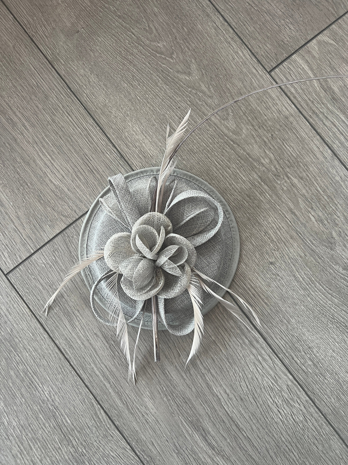 Sinamay Silver/Grey Round Base Fascinator with Twirl Flower and Feathers-Fascinators Direct
