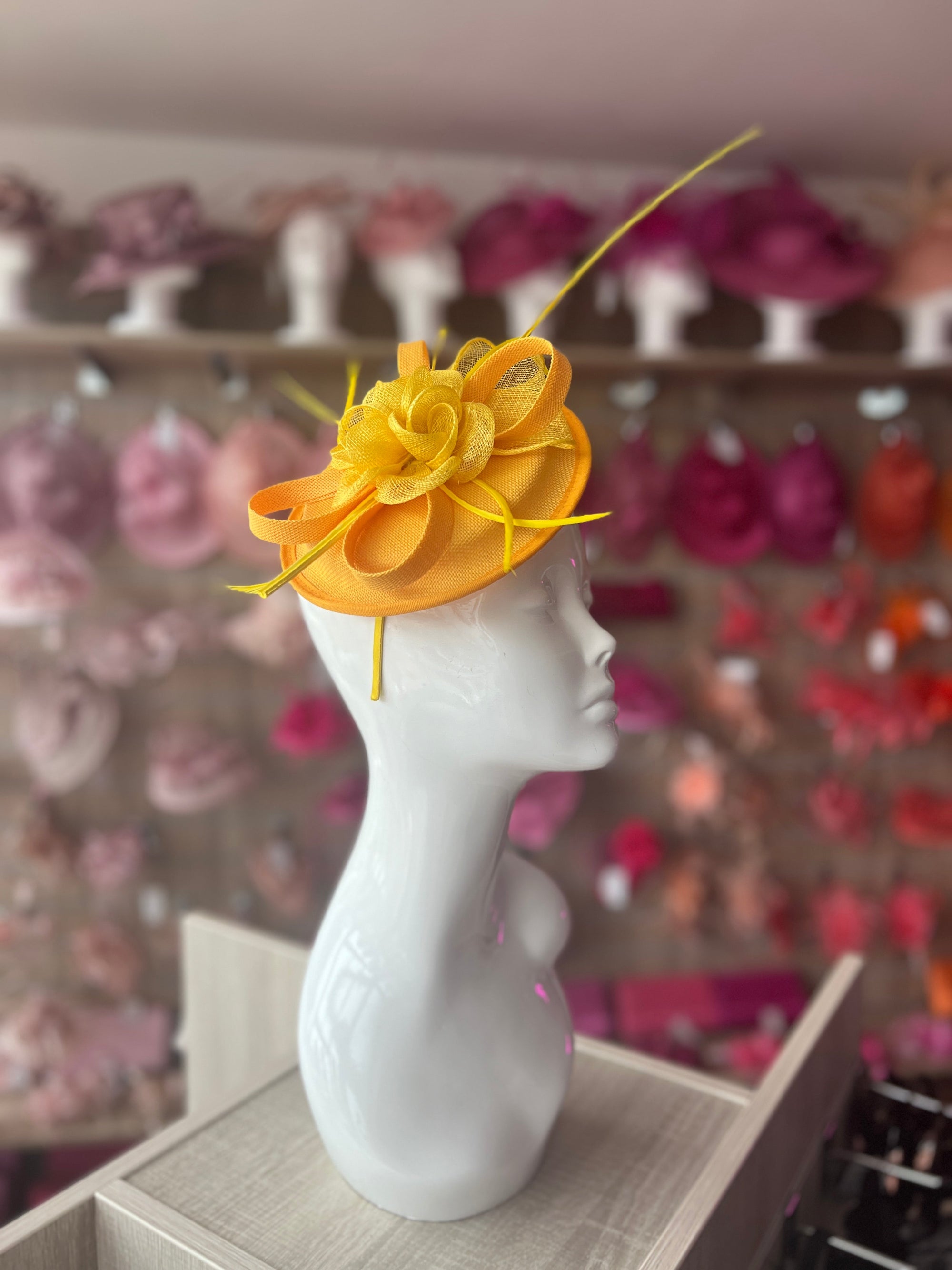 Sinamay Yellow Round Base Fascinator with Twirl Flower and Feathers-Fascinators Direct