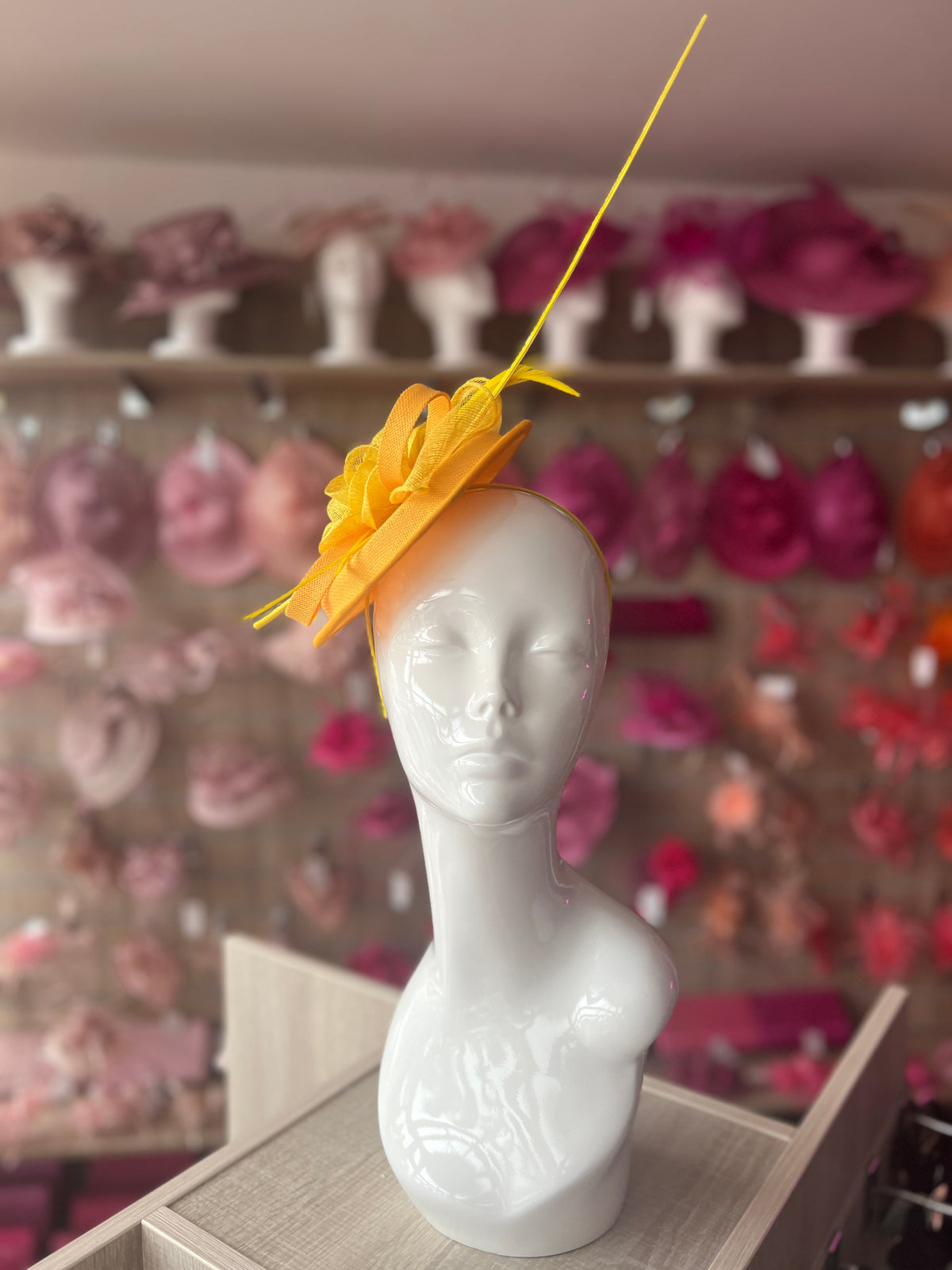 Sinamay Yellow Round Base Fascinator with Twirl Flower and Feathers-Fascinators Direct