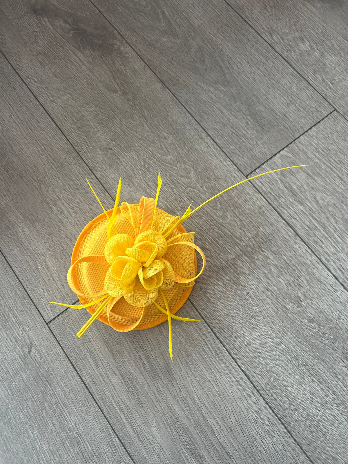 Sinamay Yellow Round Base Fascinator with Twirl Flower and Feathers-Fascinators Direct