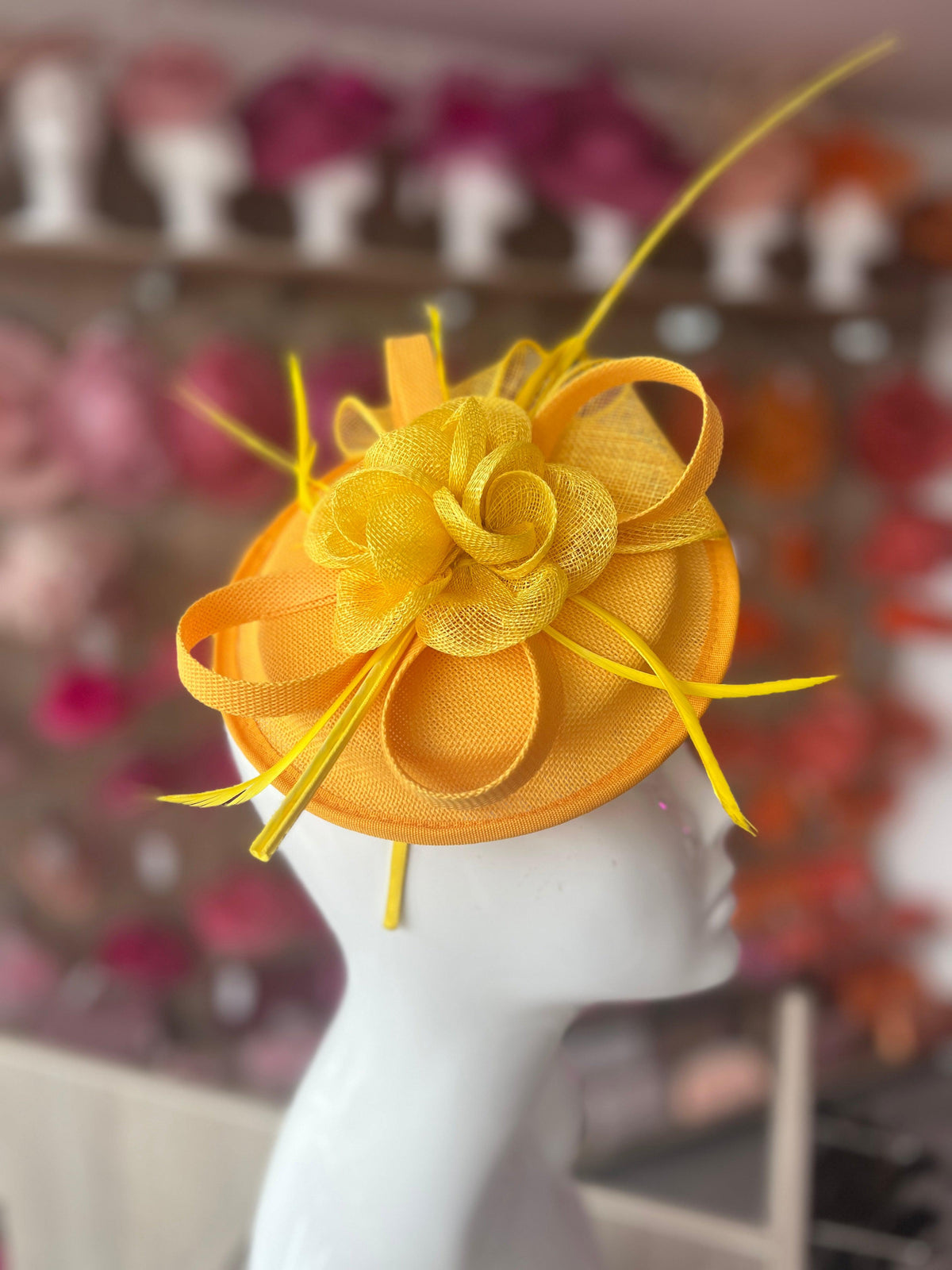 Sinamay Yellow Round Base Fascinator with Twirl Flower and Feathers-Fascinators Direct