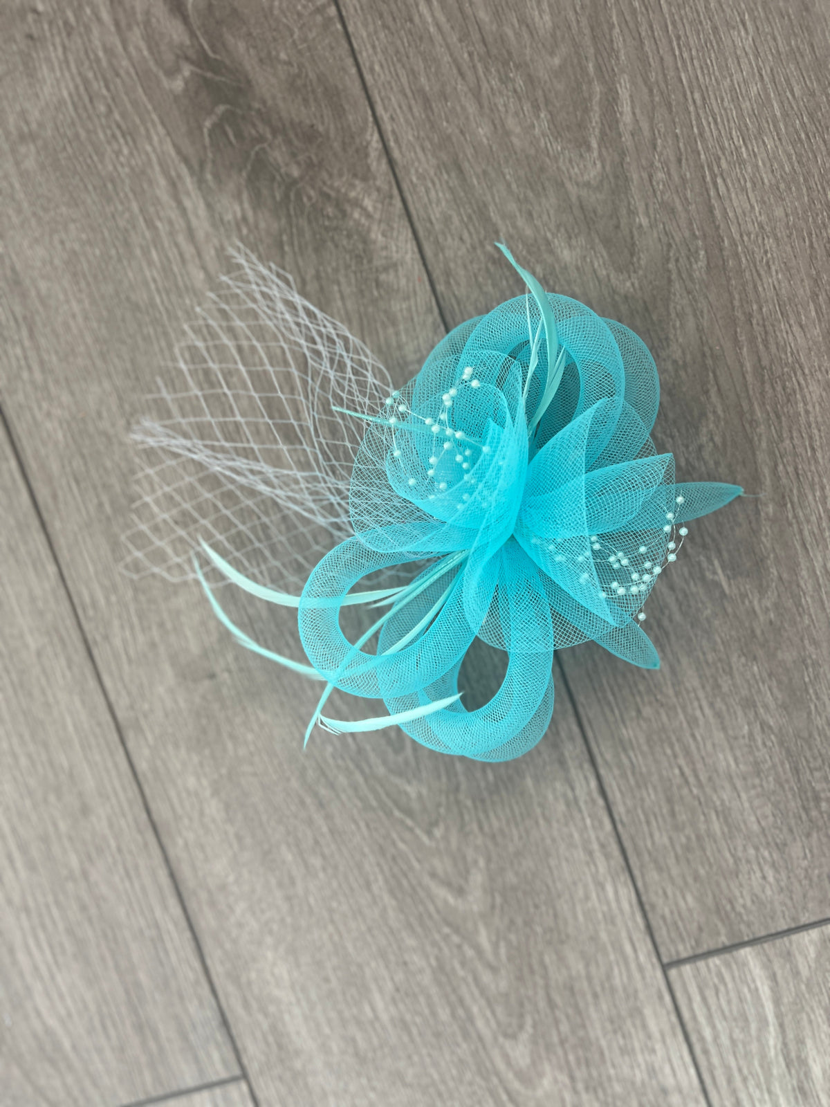 Sky Blue Crinoline Fascinator With Beads &amp; Netting-Fascinators Direct