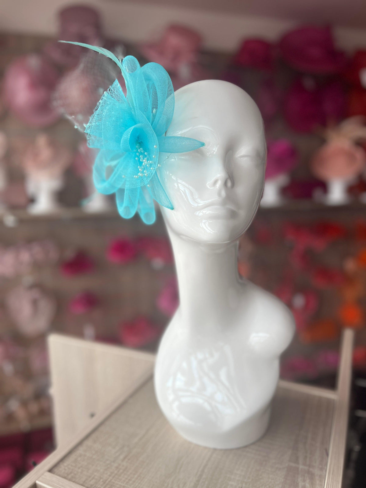 Sky Blue Crinoline Fascinator With Beads &amp; Netting-Fascinators Direct